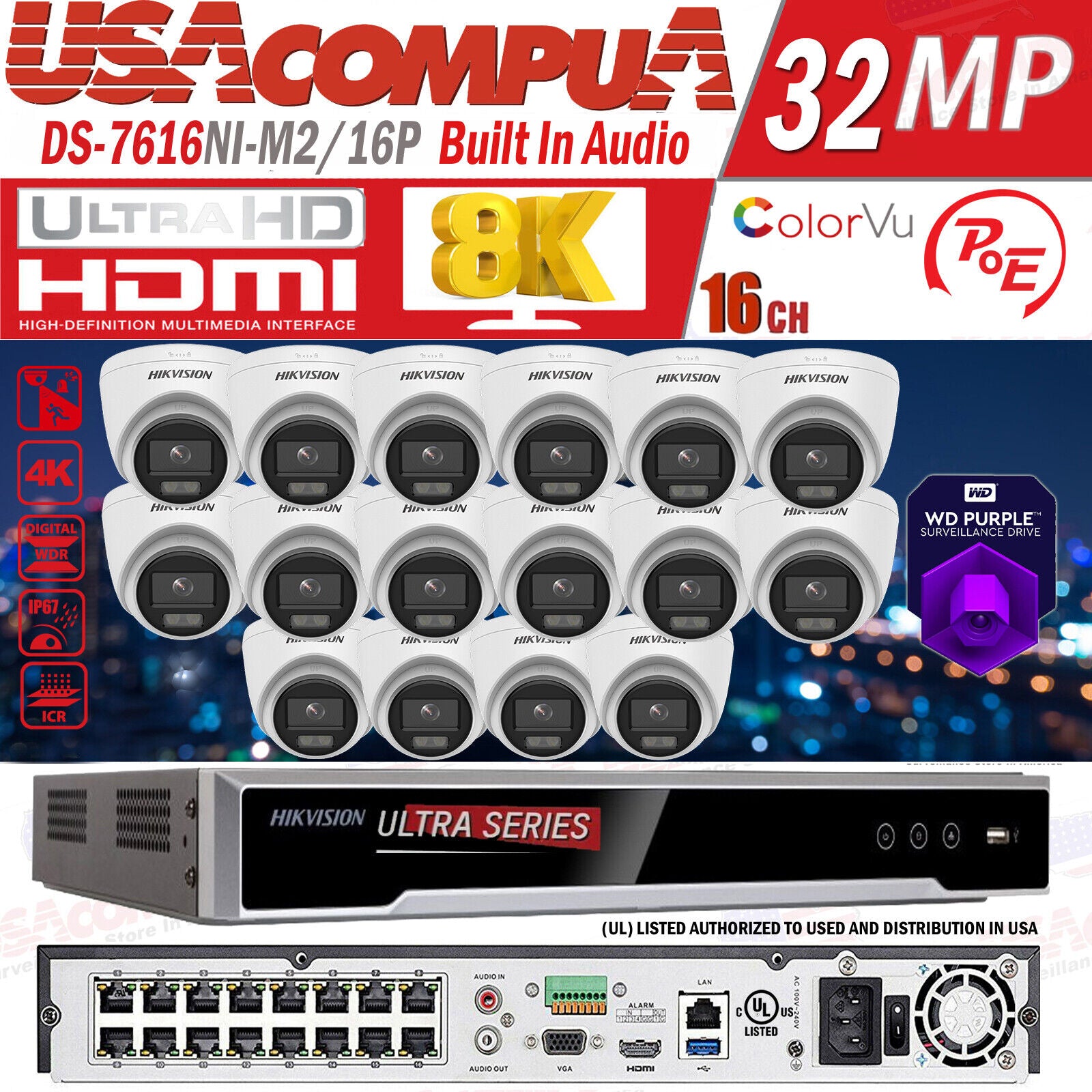 Hikvision 8K 16ch IP PoE Security System 4 MP ColorVu Turret w/ resolution