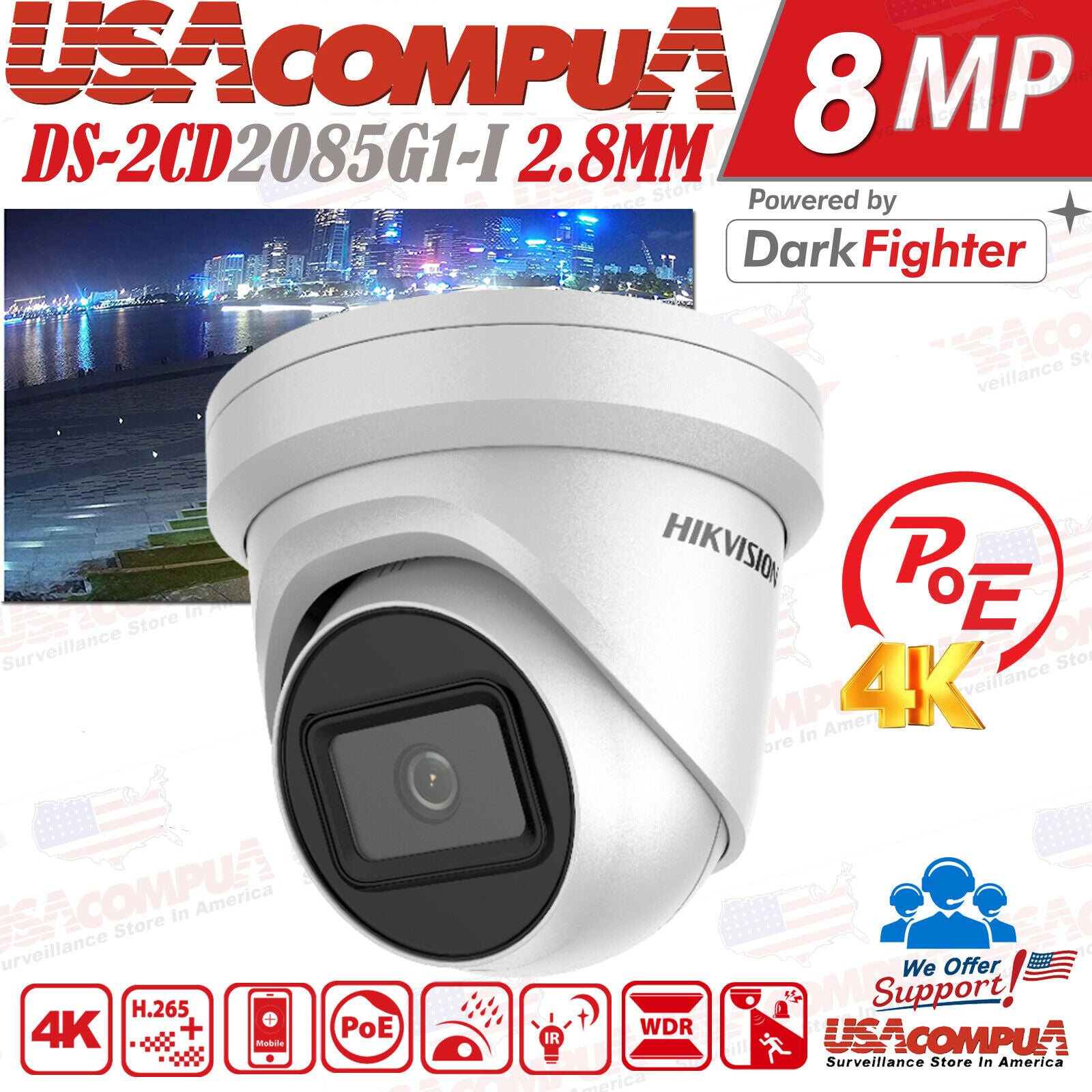 DS-2CD2385G1-I Hikvision Original 4K 8MP Turret Dome IP Camera Darkfighter 2.8mm