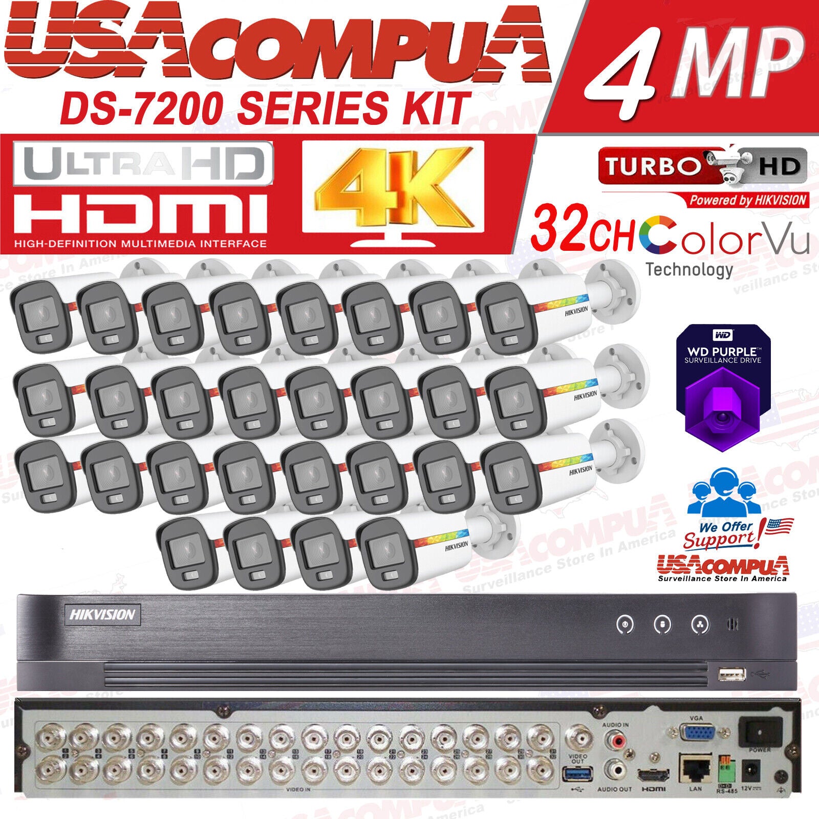 HIKVISION 4k 32CH SECURITY CAMERA SYSTEM BULLET COLORVU 2MP 4TB HARD DISK