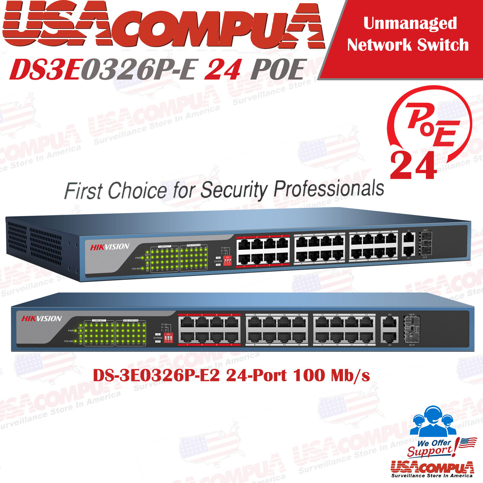 Hikvision DS-3E0326P-E2 Unmanaged Ethernet 24 PoE Switch 100Mbps Network Access