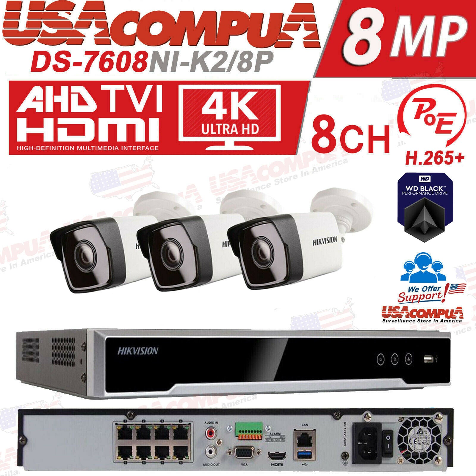 Hikvision DS-2CD1043G0-I & DS-7608NI-K2 8CH SECURITY SYSTEM POE BULLET 4MP IPV67
