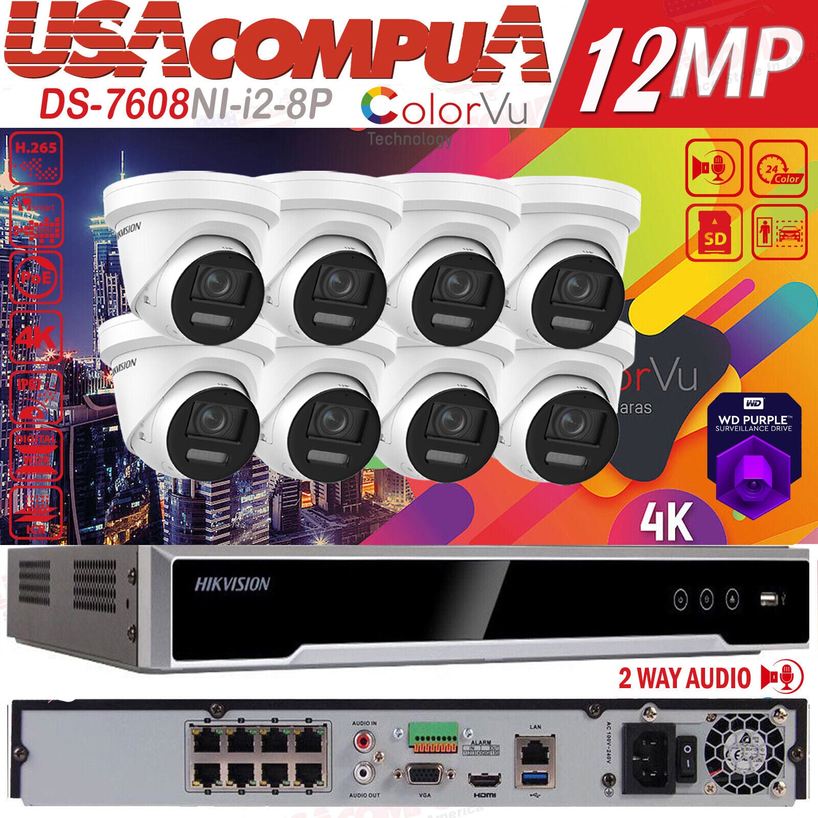 Hikvision 4K 8CH Security Camera System 12MP 8 POE ColorVu 2 Way Audio G2 Lot