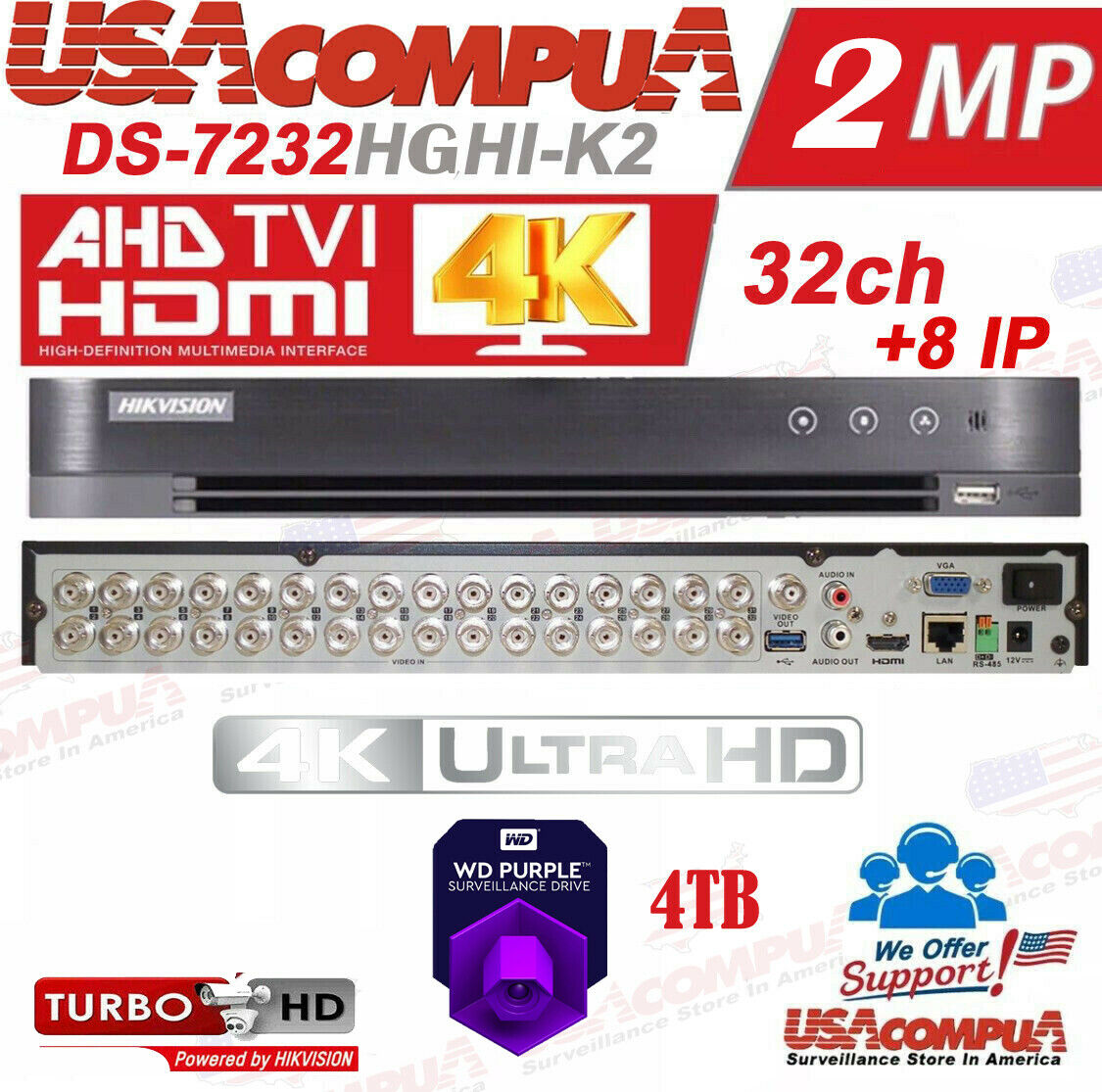 Hikvision 32 CH DVR DS-7232HGHI-K2 7200 Series TurboHD Tribrid (OPTIONAL HDD)