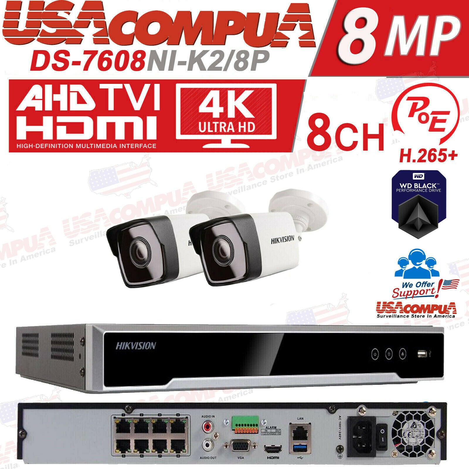 Hikvision DS-2CD1043G0-I & DS-7608NI-K2 8CH SECURITY SYSTEM POE BULLET 4MP IPV67