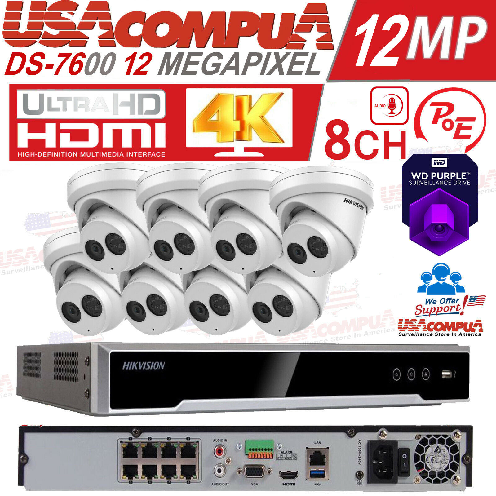 Hikvision Security Camera System NVR 8Ch 4K 12 Megapixel PoE 8MP Turret W audio
