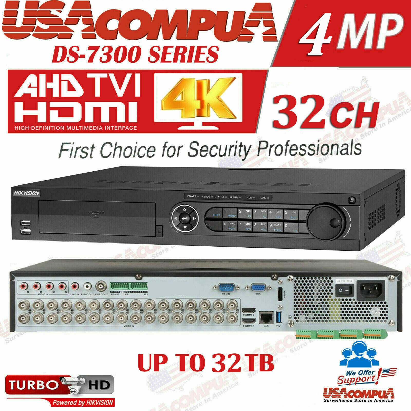 DS-7332HQHI-K4 Hikvision 32 CHANNEL DVR 32CH HIBRYD 4MP 8CH IP OPTIONAL HDD