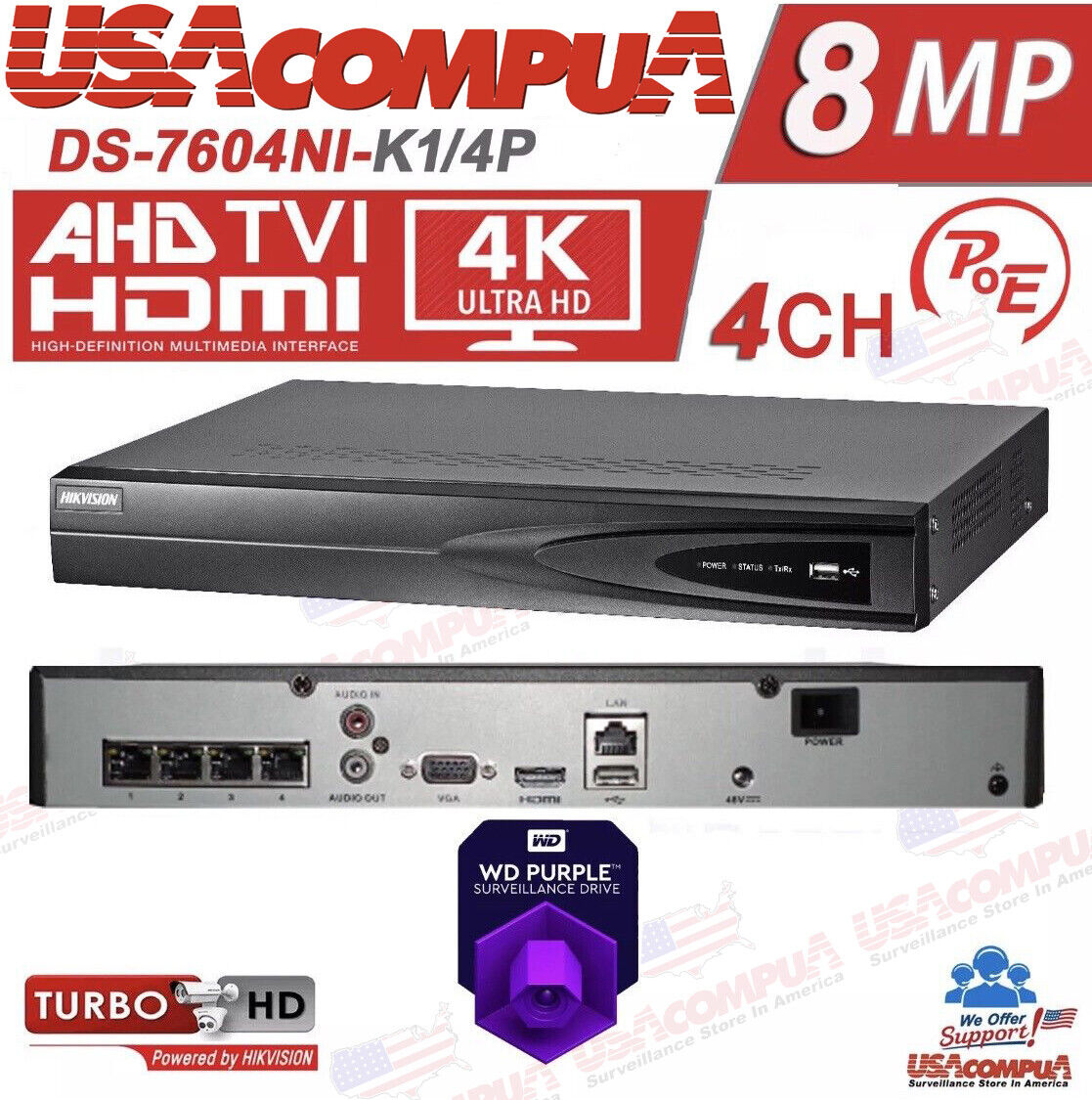 HIKVISION 8MP IP/POE SYSTEM 4K UHD 4CH NVR DS-2CD2183G2-IS & DS-7604NI-K1/