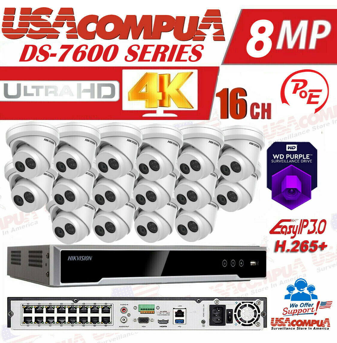 HIKVISION DS-2CD2343G0-I & DS-7616NI-K2/16P 4MP KIT 4K-UHD NVR