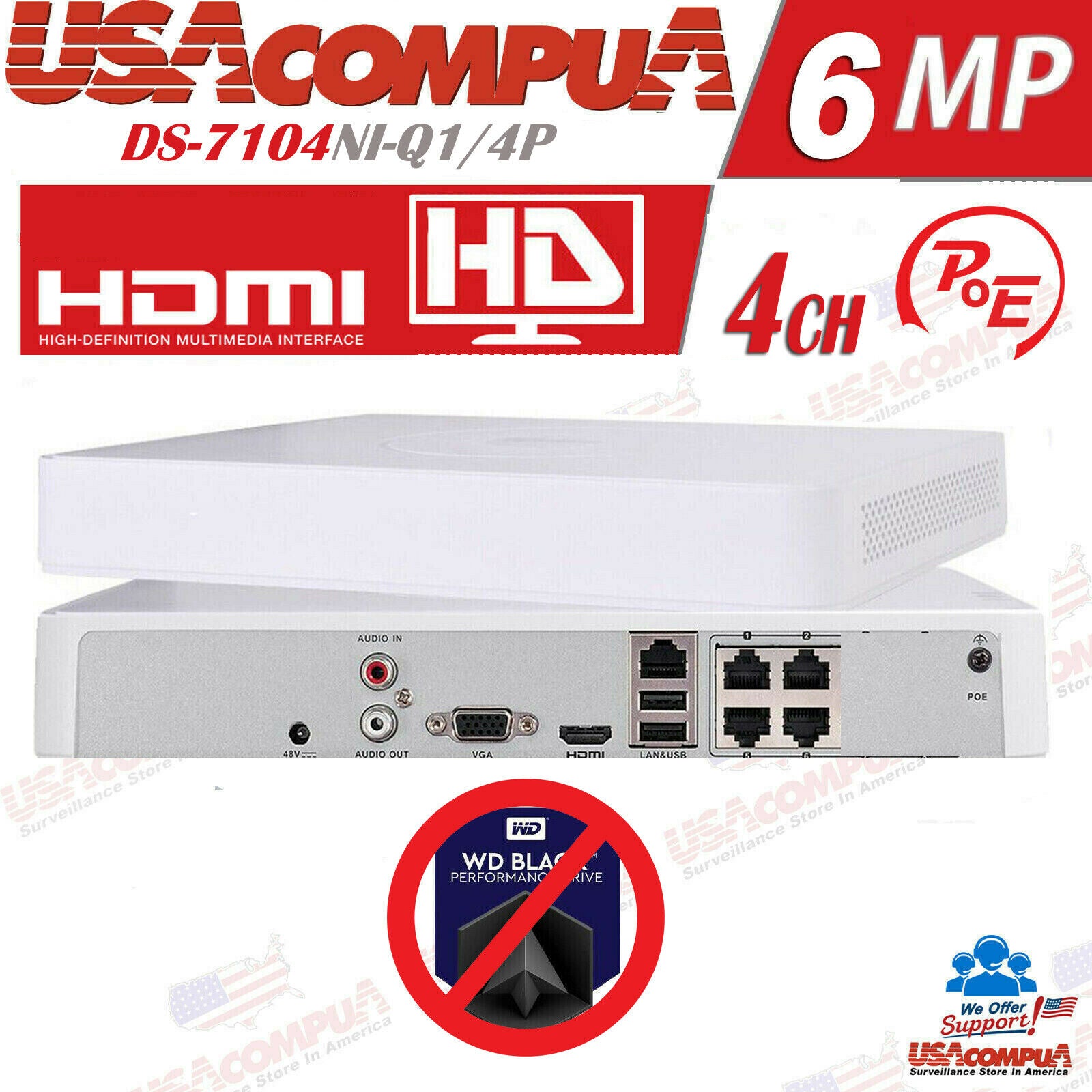 Hikvision 4CH POE 4 Channel NVR DS-7104NI-Q1/4P Original English W/Hard Drive