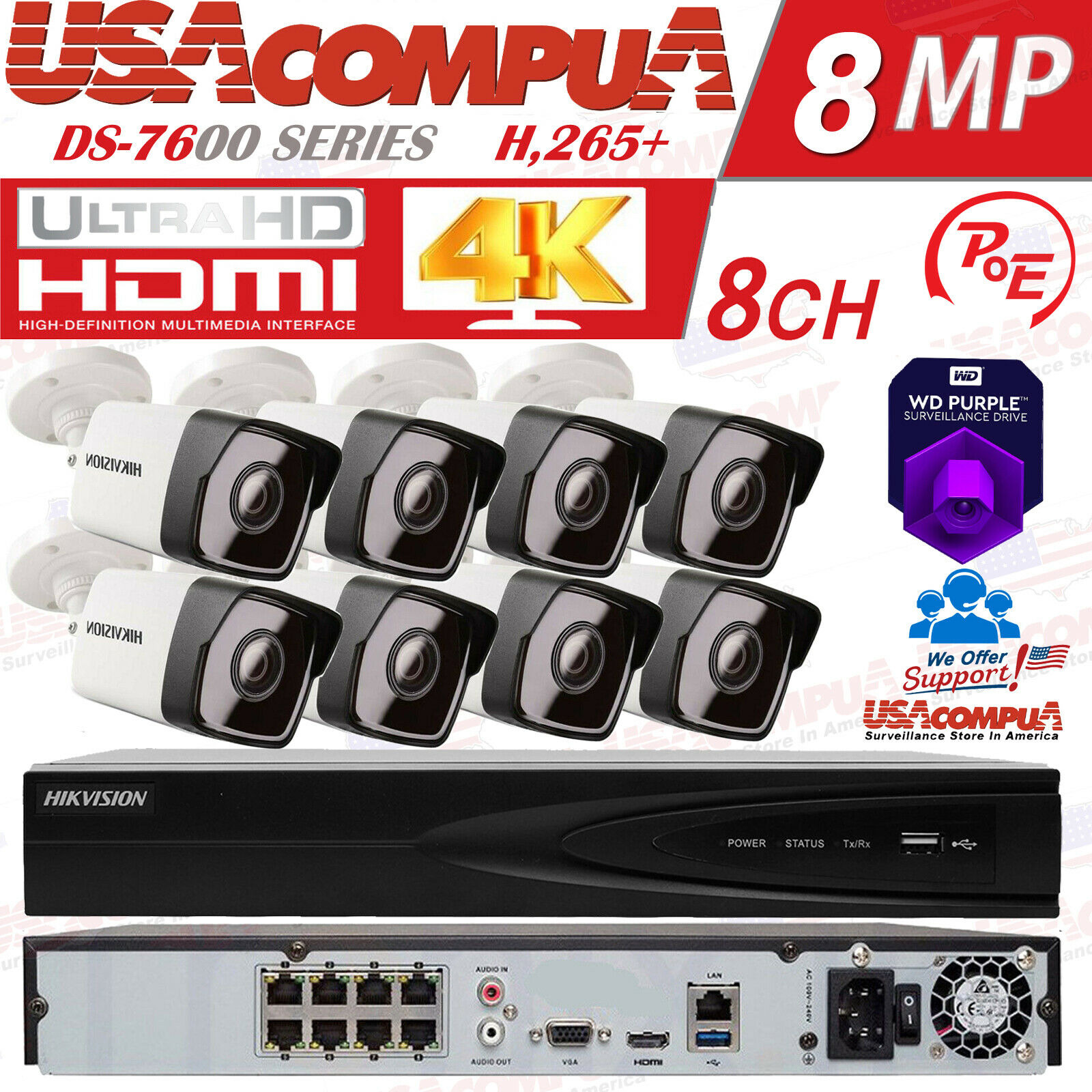 Hikvision 8CH 4K NVR 8 x 4MP Bullet IP POE Camera CCTV Security System Original
