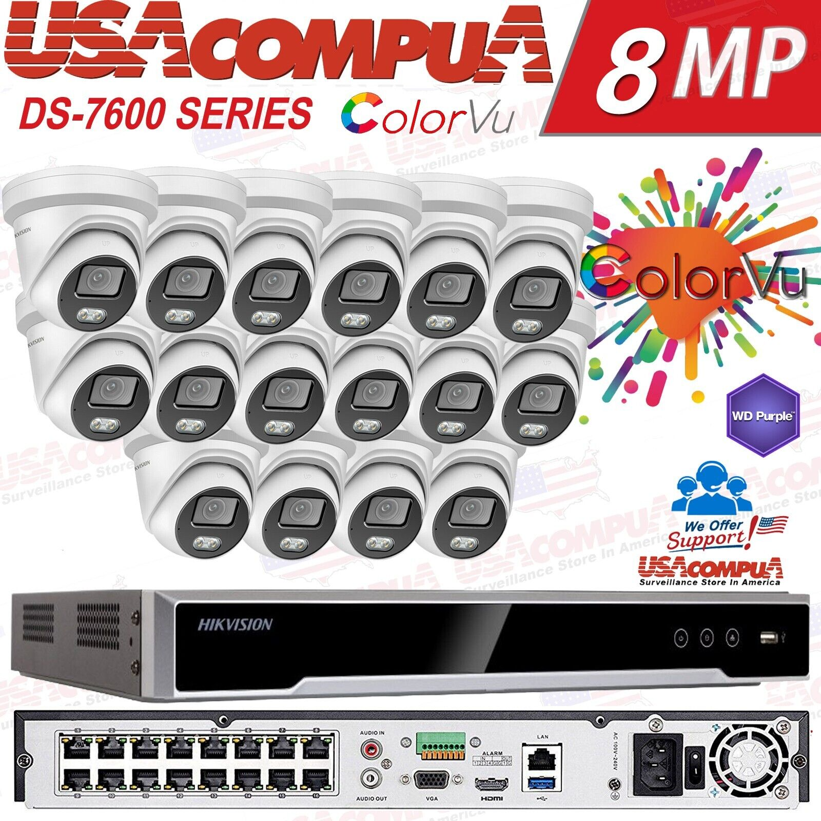 Hikvision 4K 16CH 4MP 16 POE Security IP Camera System ColorVu W/Audio NVR Lot