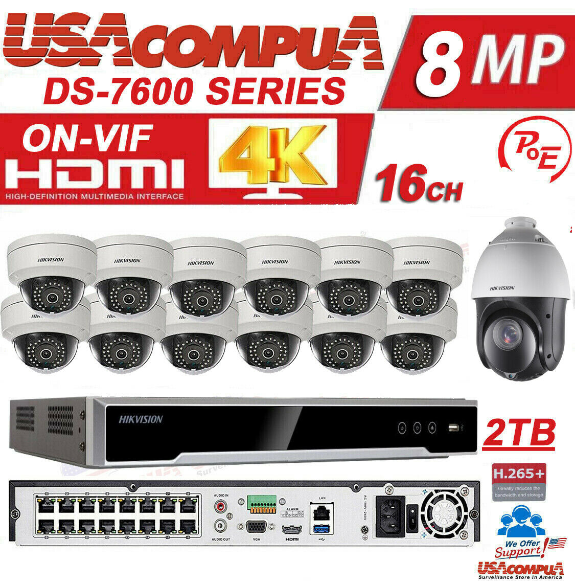 Hikvision NVR KIT 16CH POE Security System 2MP DS-2CD1123G0-I & PTZ