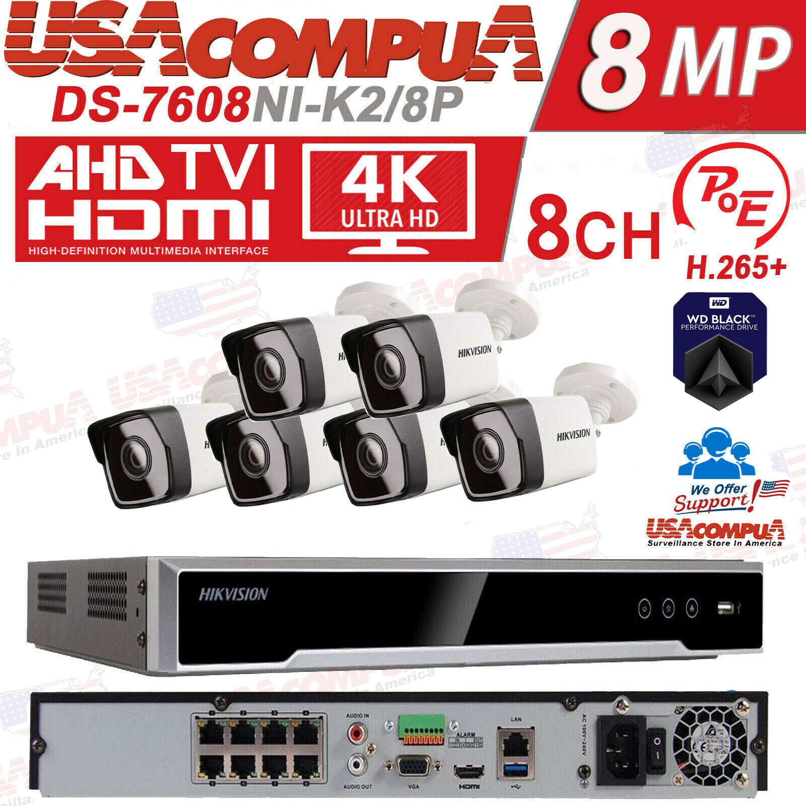 Hikvision DS-2CD1043G0-I & DS-7608NI-K2 8CH SECURITY SYSTEM POE BULLET 4MP IPV67