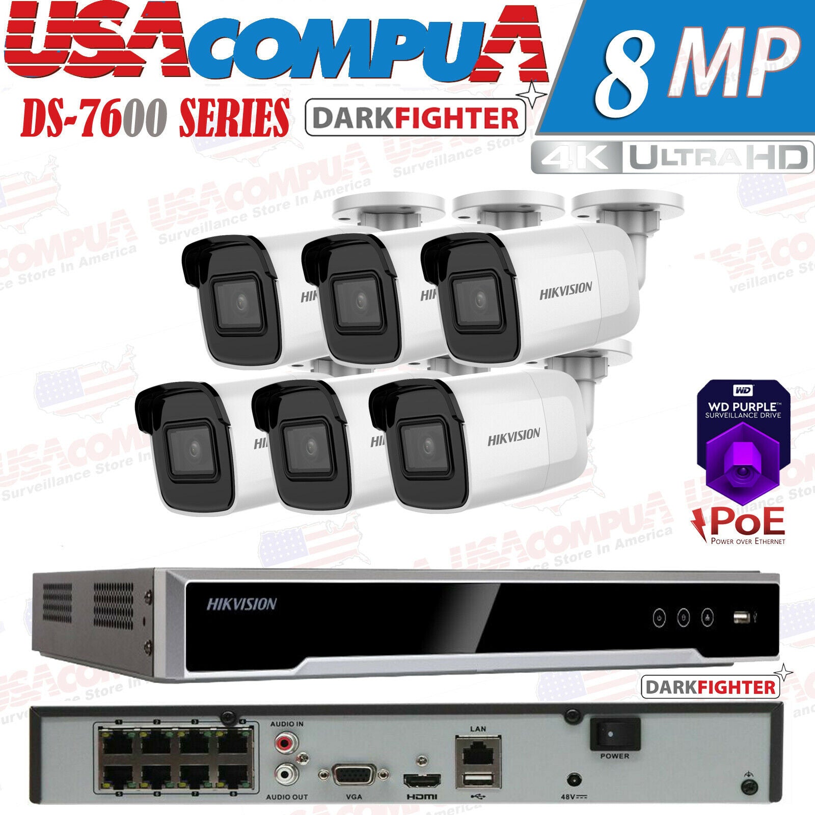 HIKVISION 8MP POE SECURITY SYSTEM KIT BULLET DARKFIGTER H.265+ WD HDD PURPLE