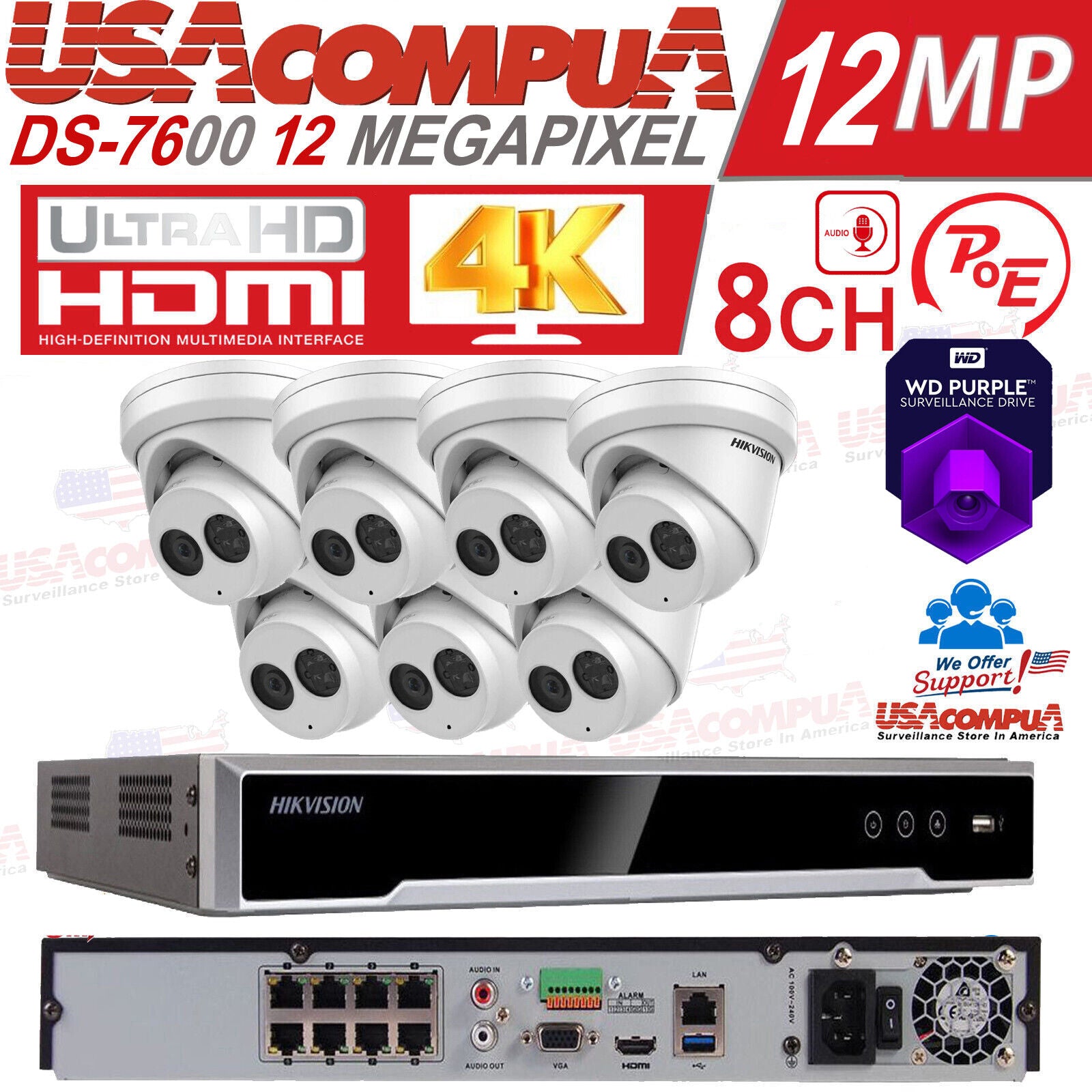 Hikvision Security Camera System NVR 8Ch 4K 12 Megapixel PoE 8MP Turret W audio