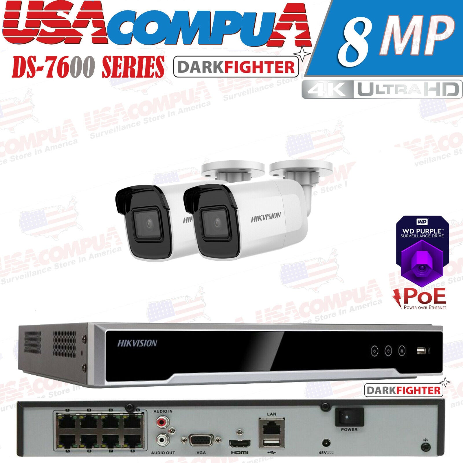 HIKVISION 8MP POE SECURITY SYSTEM KIT BULLET DARKFIGTER H.265+ WD HDD PURPLE