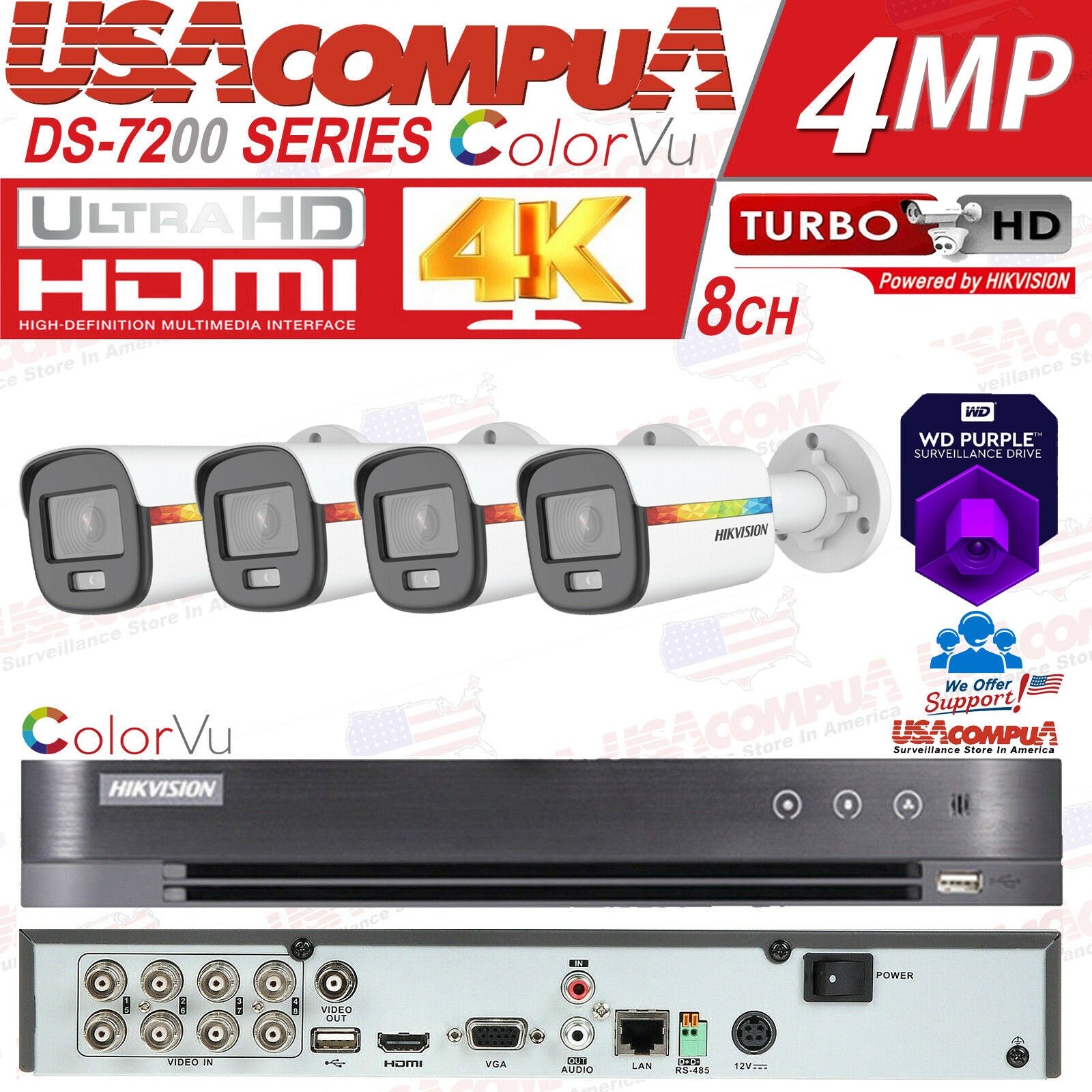 HIKVISION 4K Security Camera System CCTV Kit 8CH DVR W/ 1080P COLORVU