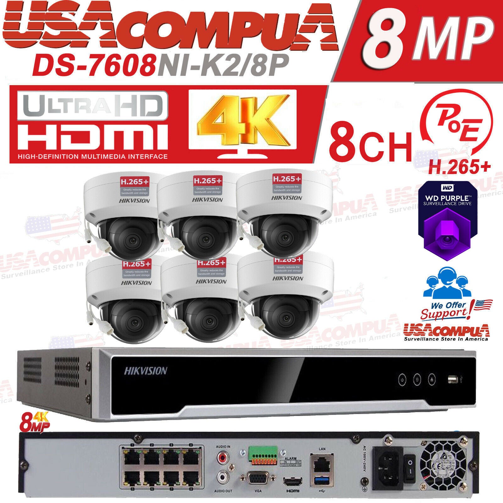 DS-2CD2183G0-I & DS-7616NI-K2 HIKVISION 4K security System Dome 8MP IP Camera