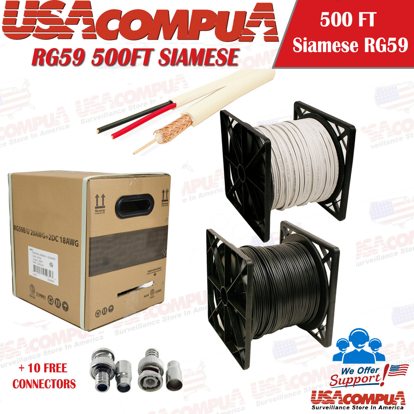 500FT RG-59 CCTV Siamese Cable 18/2AWG Wire BLACK / WHITE