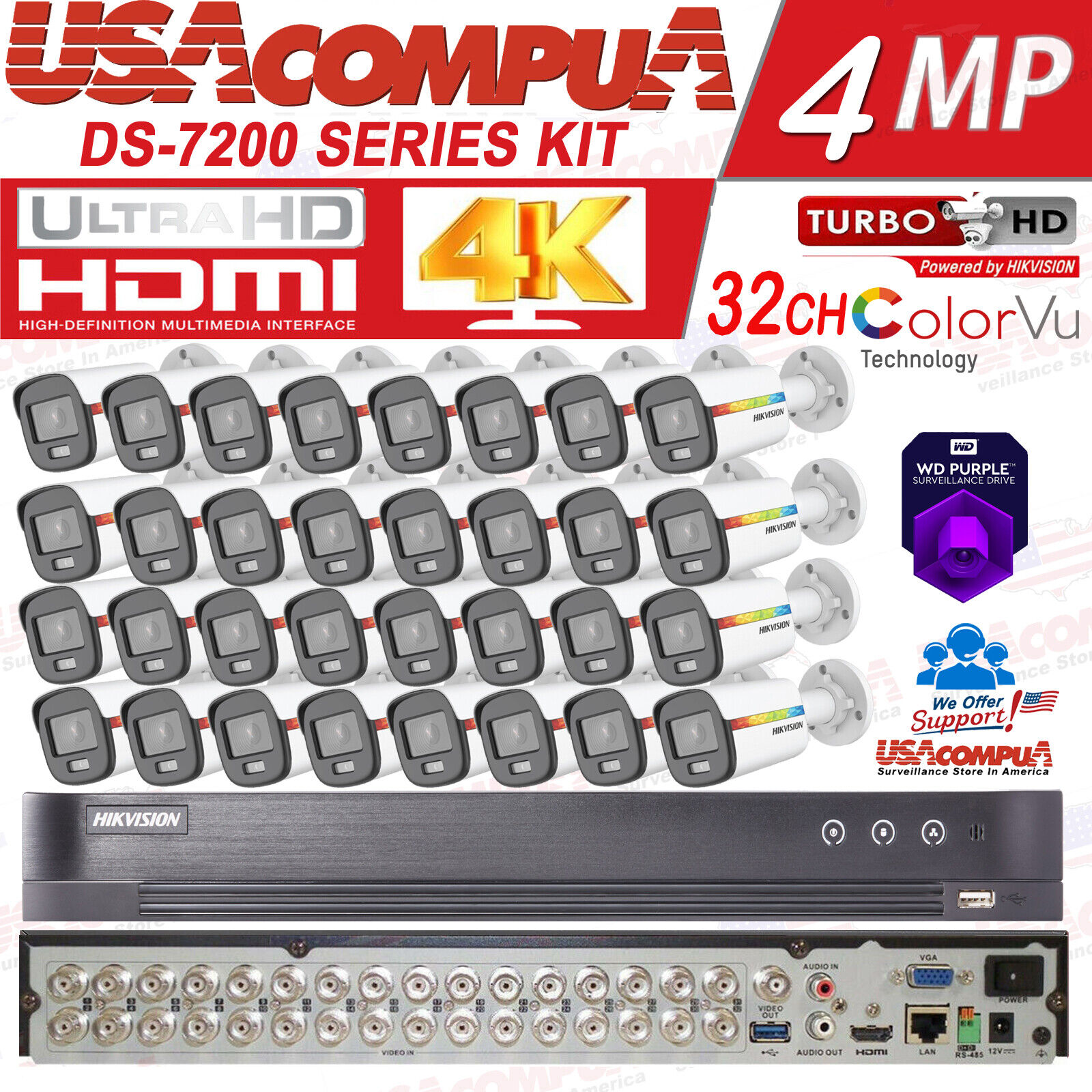 HIKVISION 4k 32CH SECURITY CAMERA SYSTEM BULLET COLORVU 2MP 4TB HARD DISK