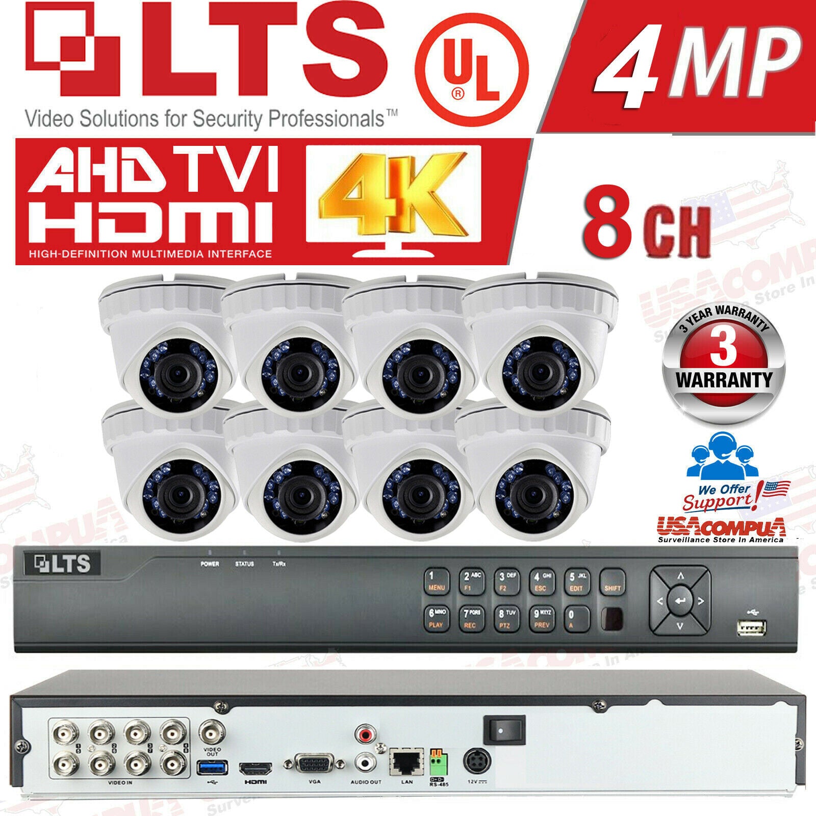 LTS 8ch Security Cameras System Kit 2MP H.265+ HD-TVI HD/ HDD Included / IP67 UL