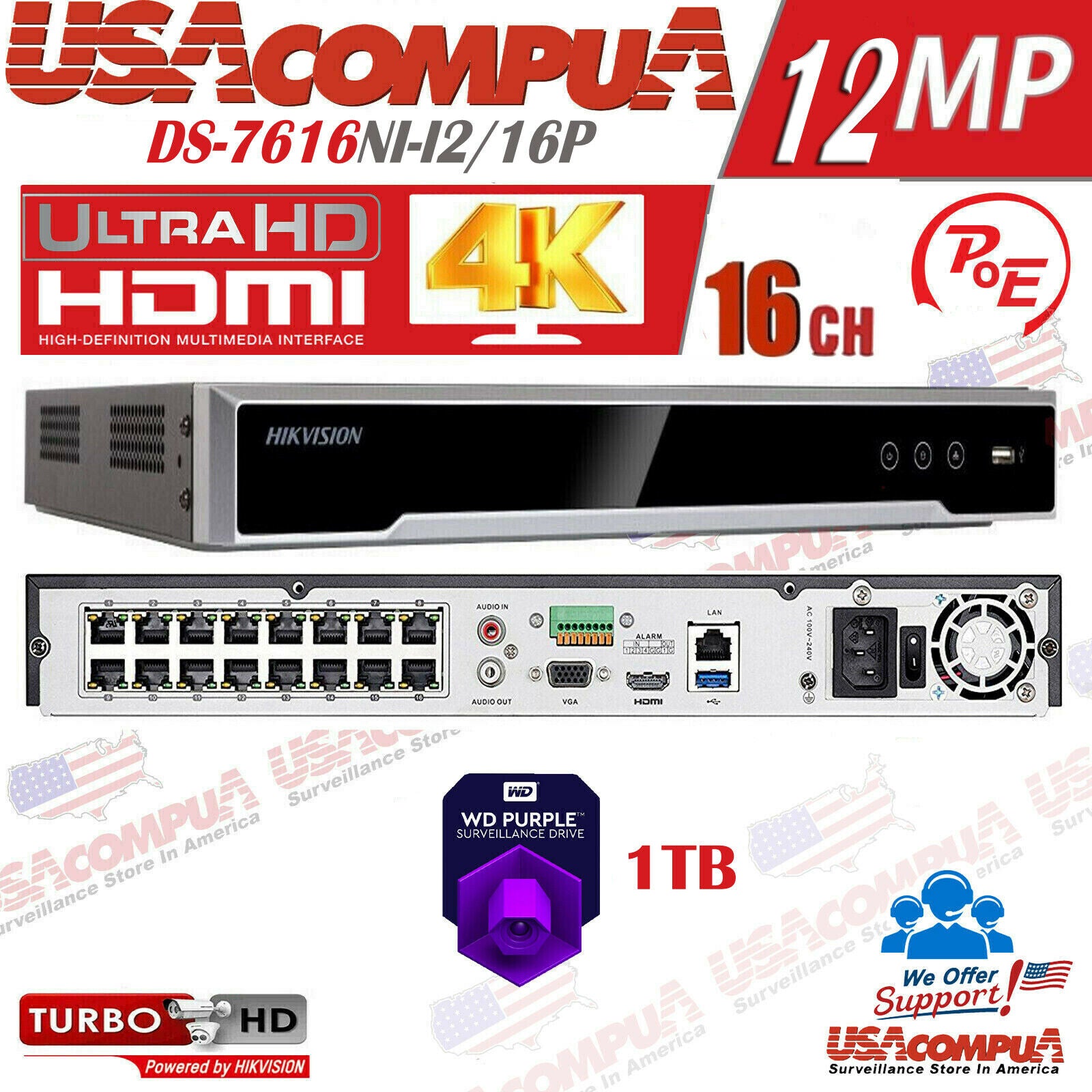 HIKVISION 16CH NVR POE 12MP 4K-UHD DS-7616NI-I2/16P H265+ ENGLISH VERSION