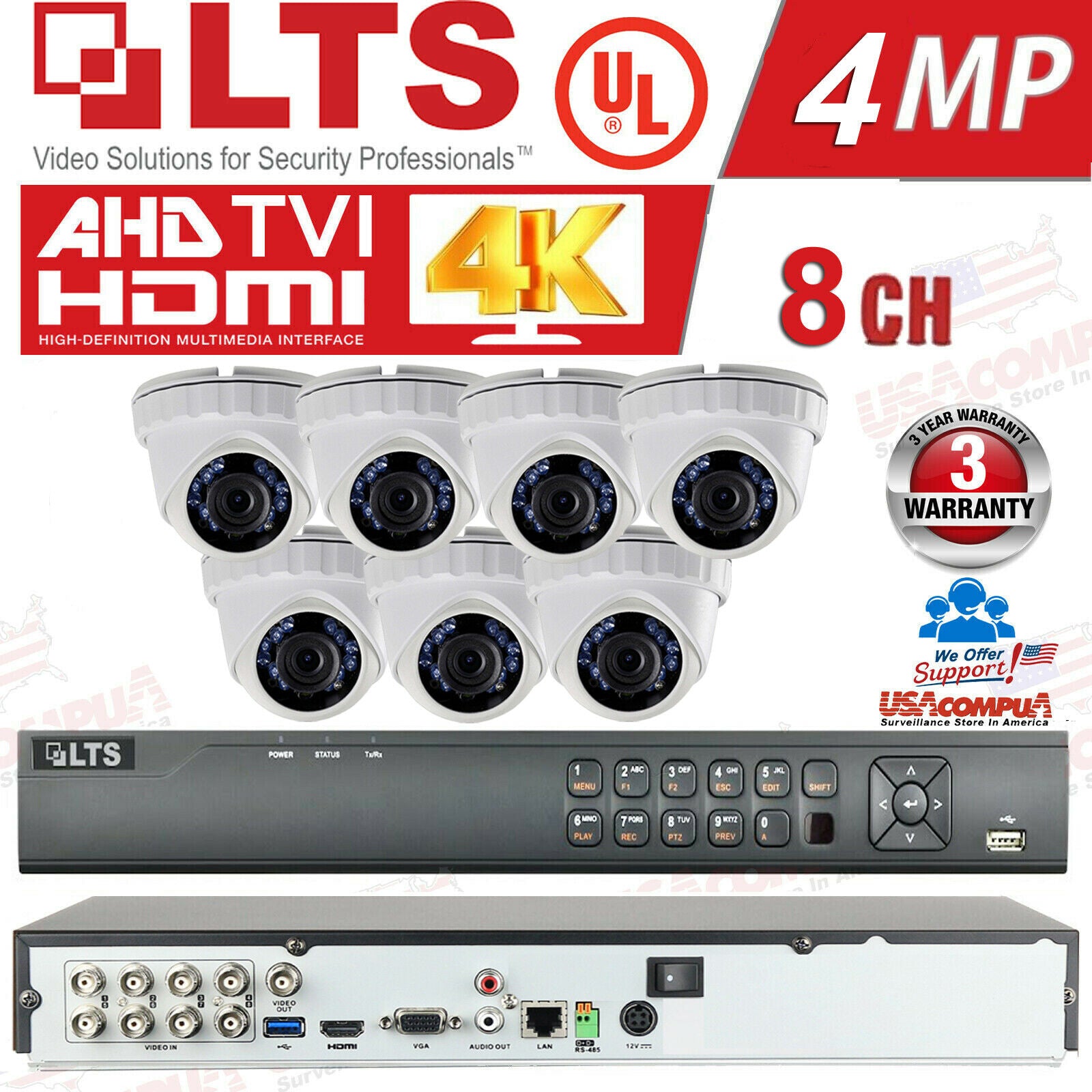 LTS 8ch Security Cameras System Kit 2MP H.265+ HD-TVI HD/ HDD Included / IP67 UL