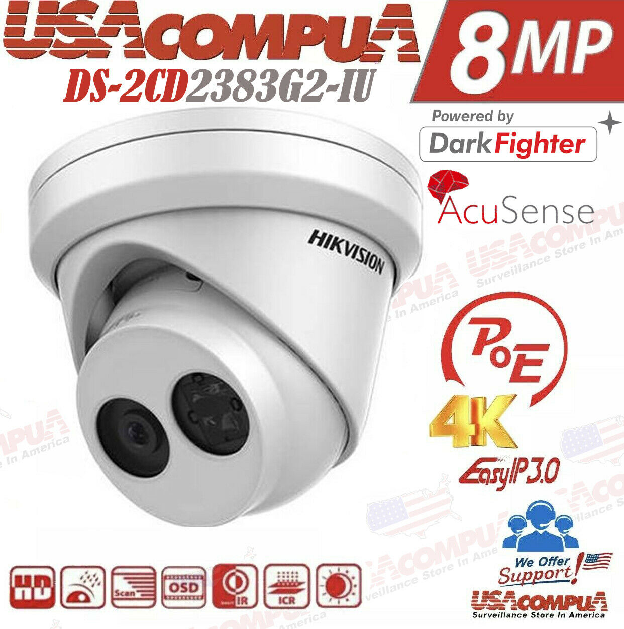 Hikvision Acusense 4K 16ch PoE CCTV System 8MP Mic IP Camera DS-2CD2383G2-IU Lot