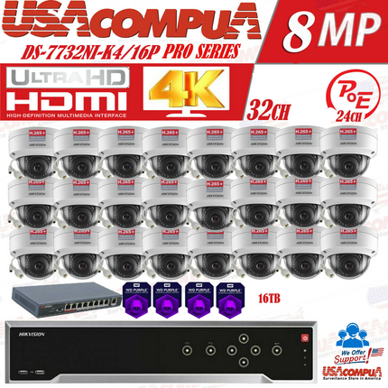 HIKVISION 32CH SECURITY SYSTEM NVR KIT PoE VANDAL PROOF 4 MEGAPIXEL WD PURPLE D1