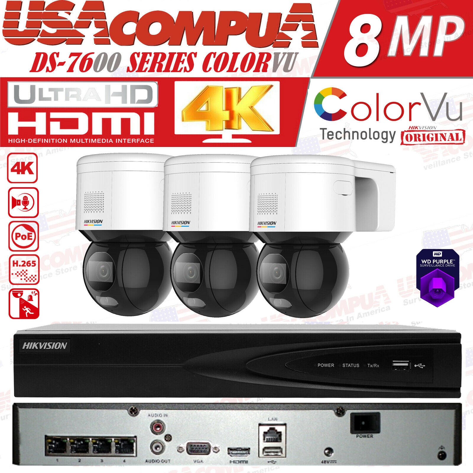 Hikvision 4CH 4PoE NVR 4K 4MP PTZ 4X Digital Zoom Security IP ColorVu Camera Lot
