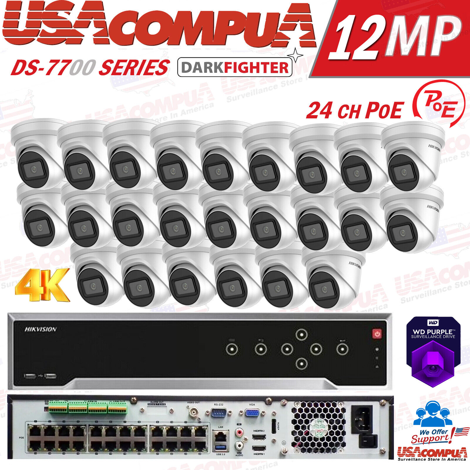 HIKVISION 32CH 12MP SECURITY SYSTEM 24 POE TURRET DARKFIGTER 4K 8 MP HDD OPTION