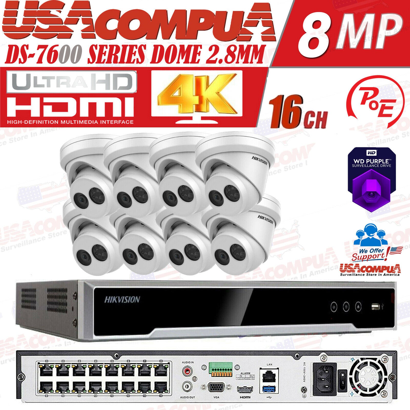 DS-2CD2383G0-IU & DS-7616NI-Q2 Hikvision 16CH 16POE NVR 4MP Turret Mic IP Camera