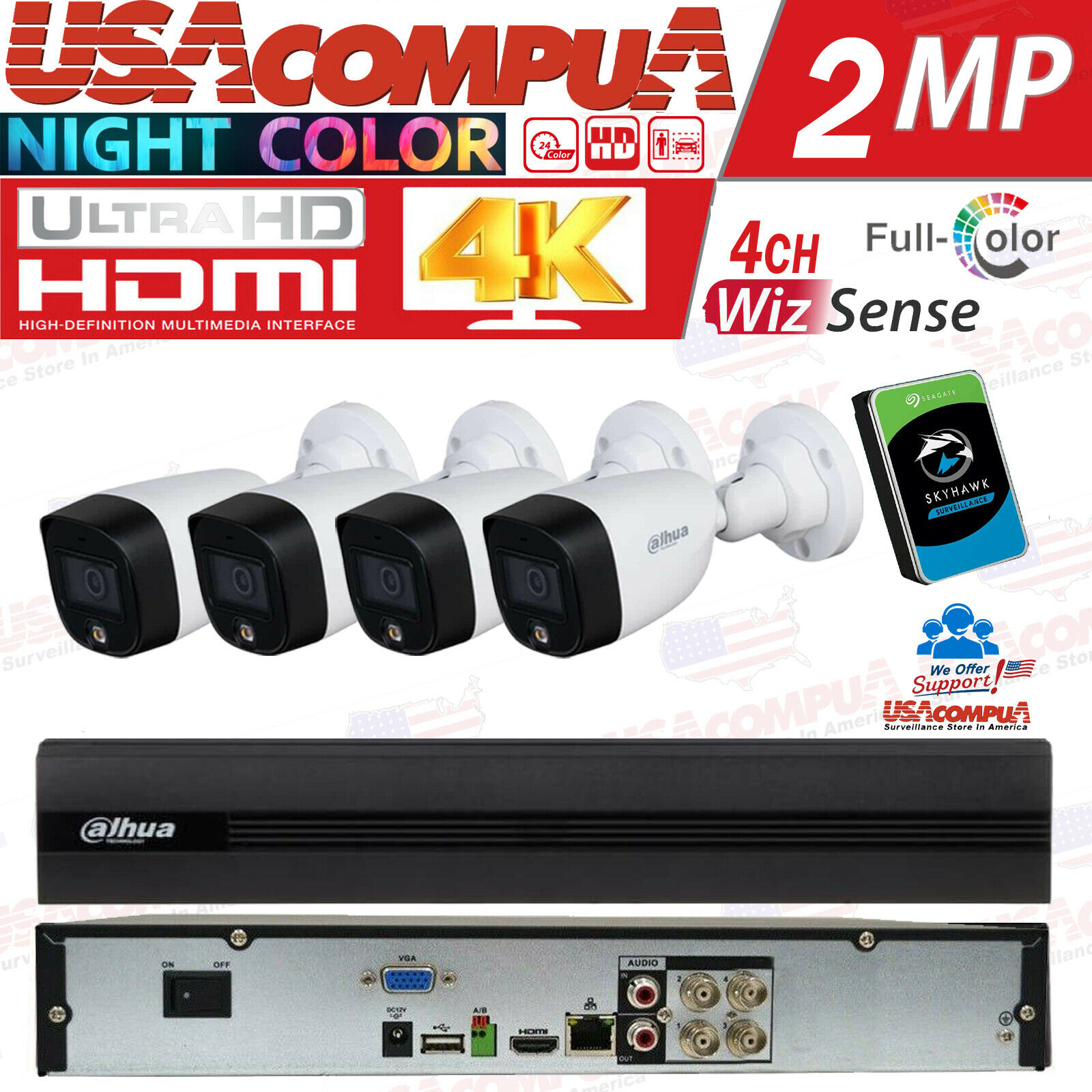 Dahua Security Camera System HD Kit 4CH Turbo 2MP Bullet Full Color (W /HDD )