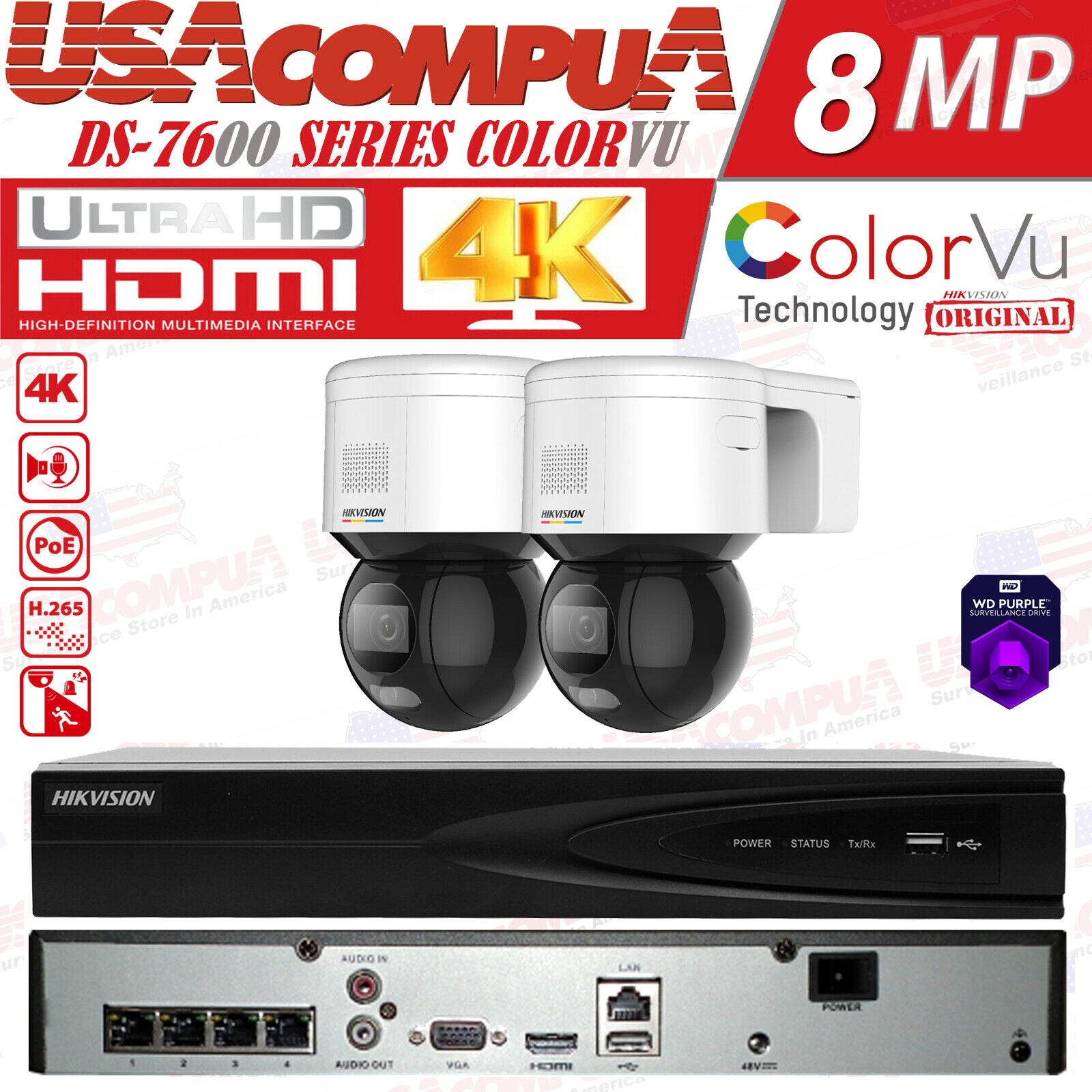 Hikvision 4CH 4PoE NVR 4K 4MP PTZ 4X Digital Zoom Security IP ColorVu Camera Lot