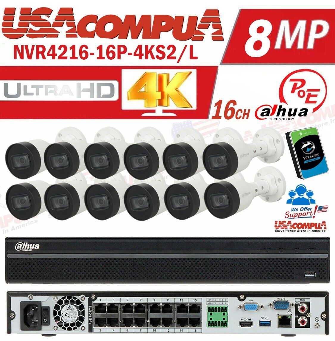 Dahua 4k 16ch Security Camera System 12 x 4MP Kit NVR4216-16P-4KS2/L 2TB