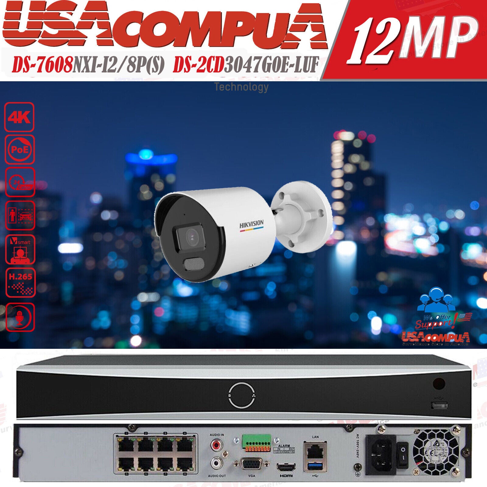 Hikvision 4K 8CH AcuSense Security Camera System 4MP Darkfigther Bullet W/Audio