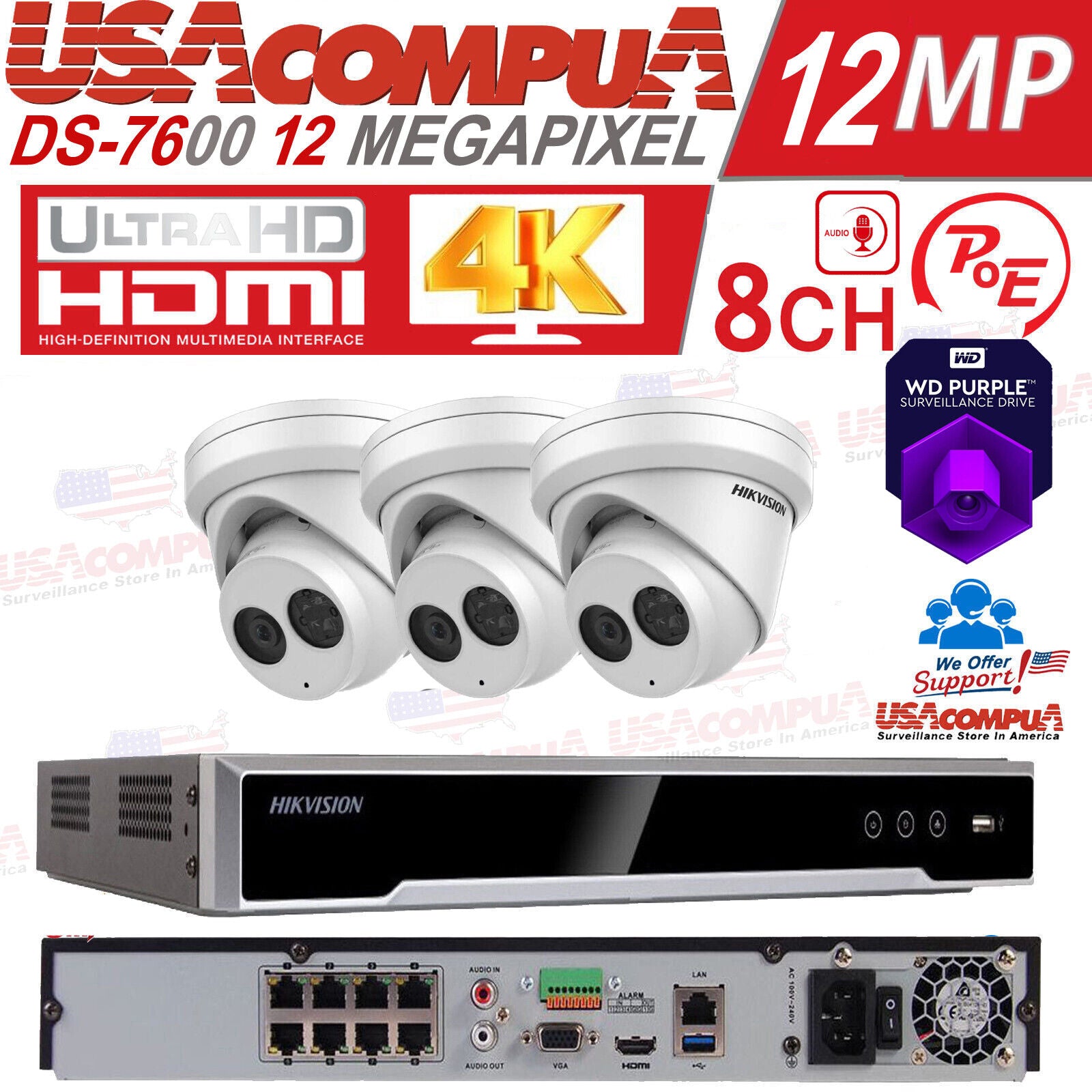 Hikvision Security Camera System NVR 8Ch 4K 12 Megapixel PoE 8MP Turret W audio