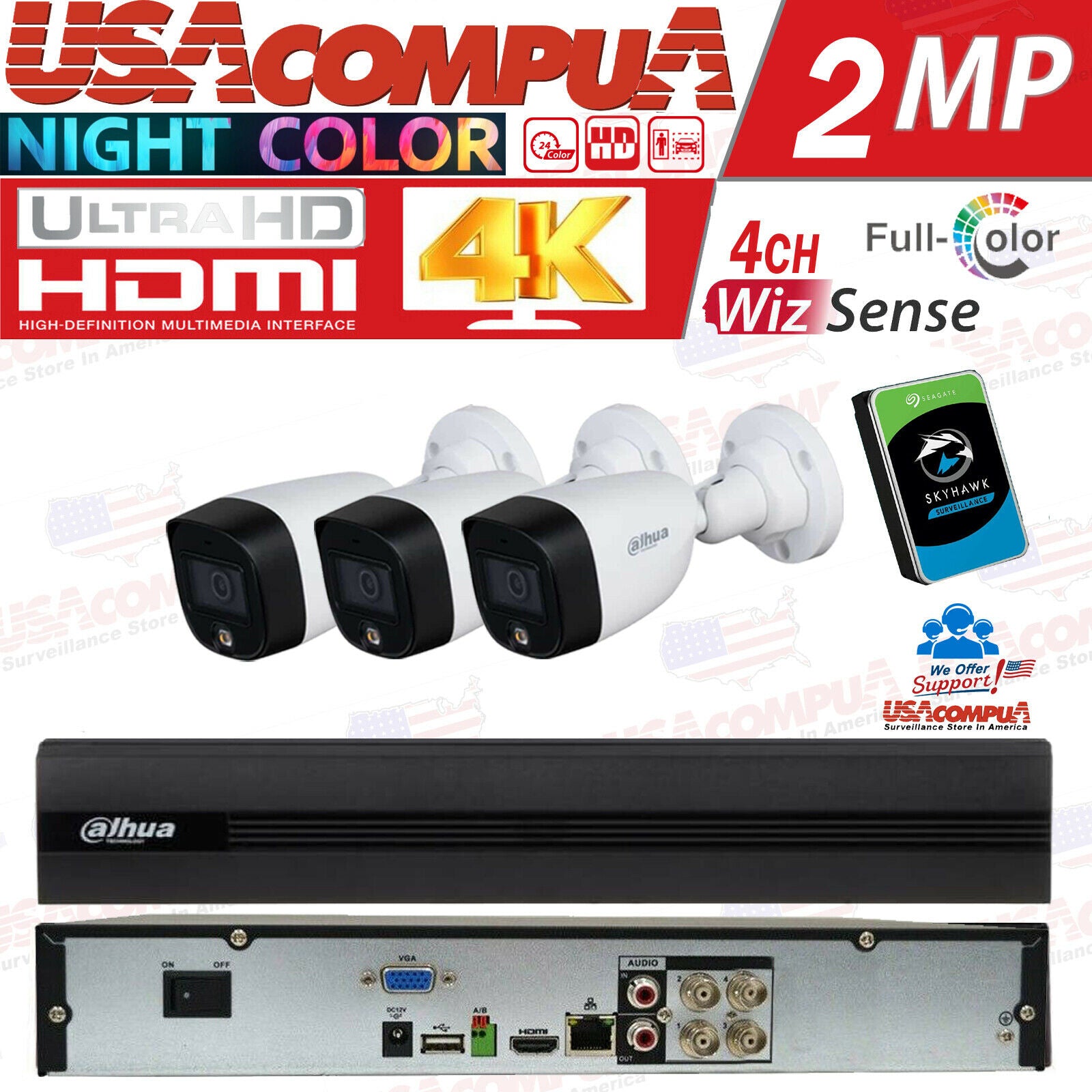 Dahua Security Camera System HD Kit 4CH Turbo 2MP Bullet Full Color (W /HDD )