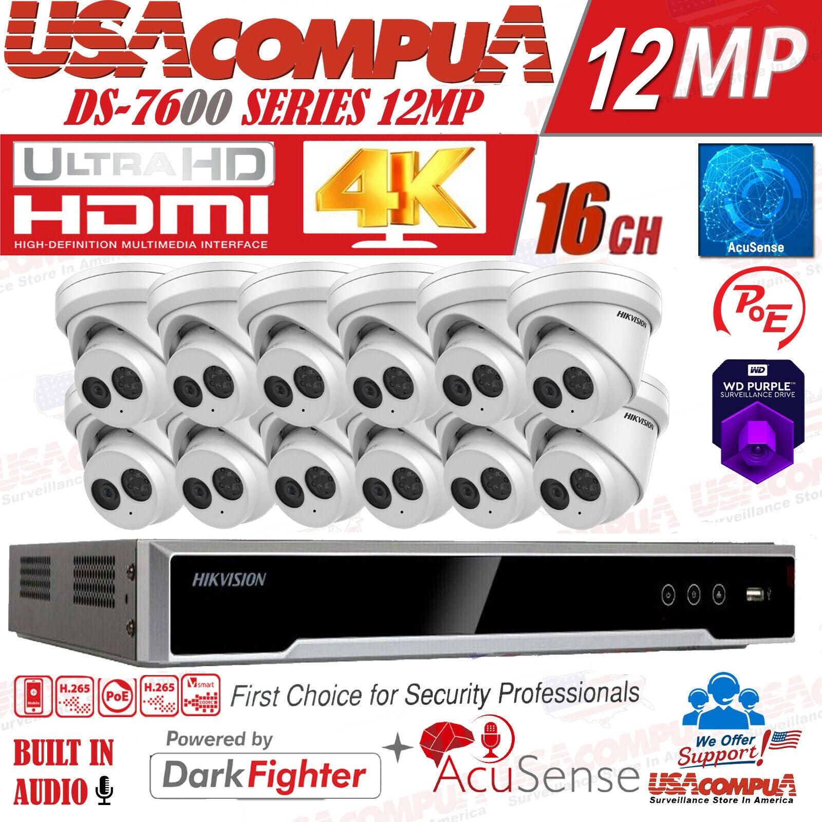 Hikvision Acusense 4K 16ch PoE CCTV System 8MP Mic IP Camera DS-2CD2383G2-IU Lot