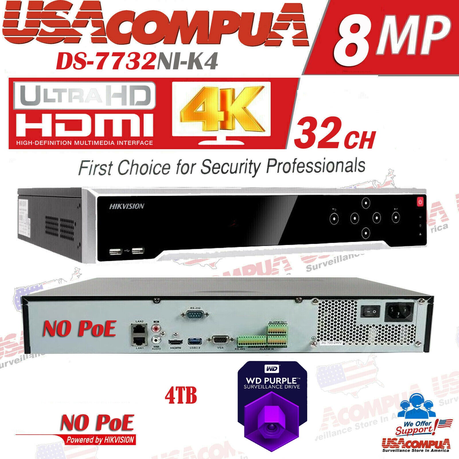 Hikvision 32 Channel 32CH 4K 8MP NVR (NO POE) DS-7732NI-K4 (Hard Drive Optional)