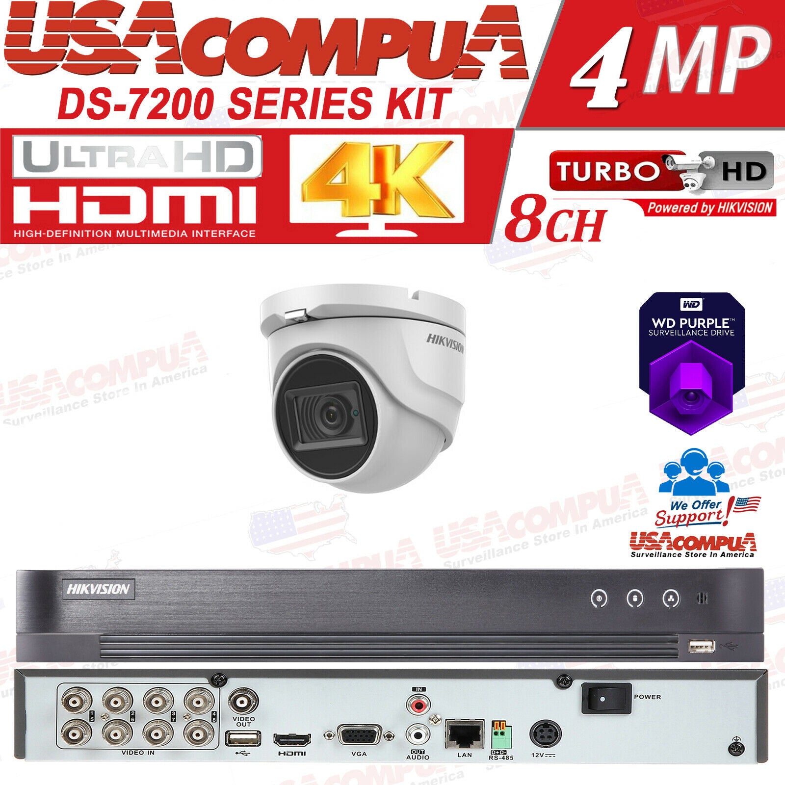 HIKVISION Security Camera System CCTV Kit 2MP 8CH Turbo HD DOME 1080P W/HDD