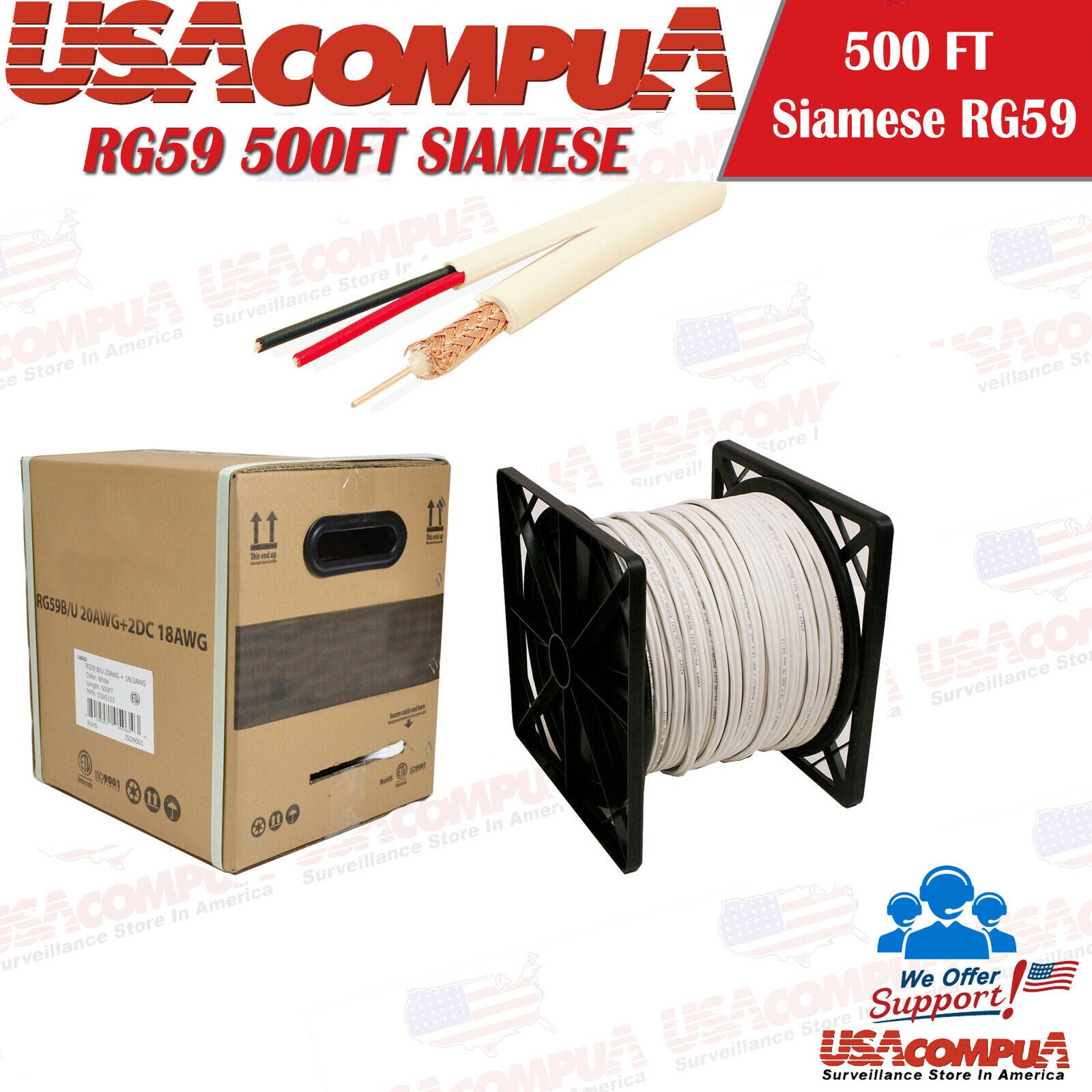 500FT RG-59 CCTV Siamese Cable 18/2AWG Wire BLACK / WHITE