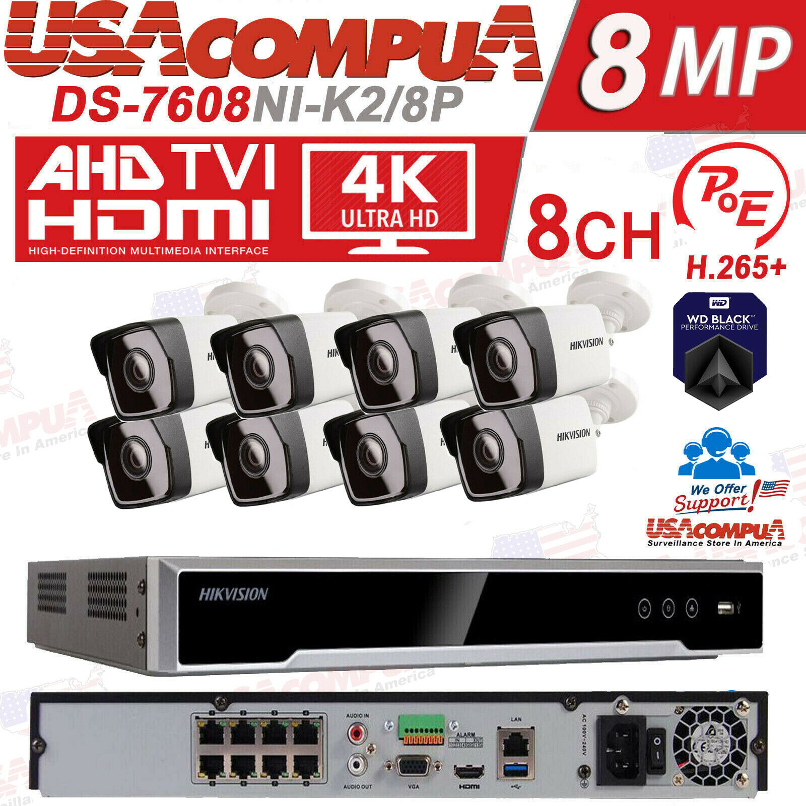 Hikvision DS-2CD1043G0-I & DS-7608NI-K2 8CH SECURITY SYSTEM POE BULLET 4MP IPV67