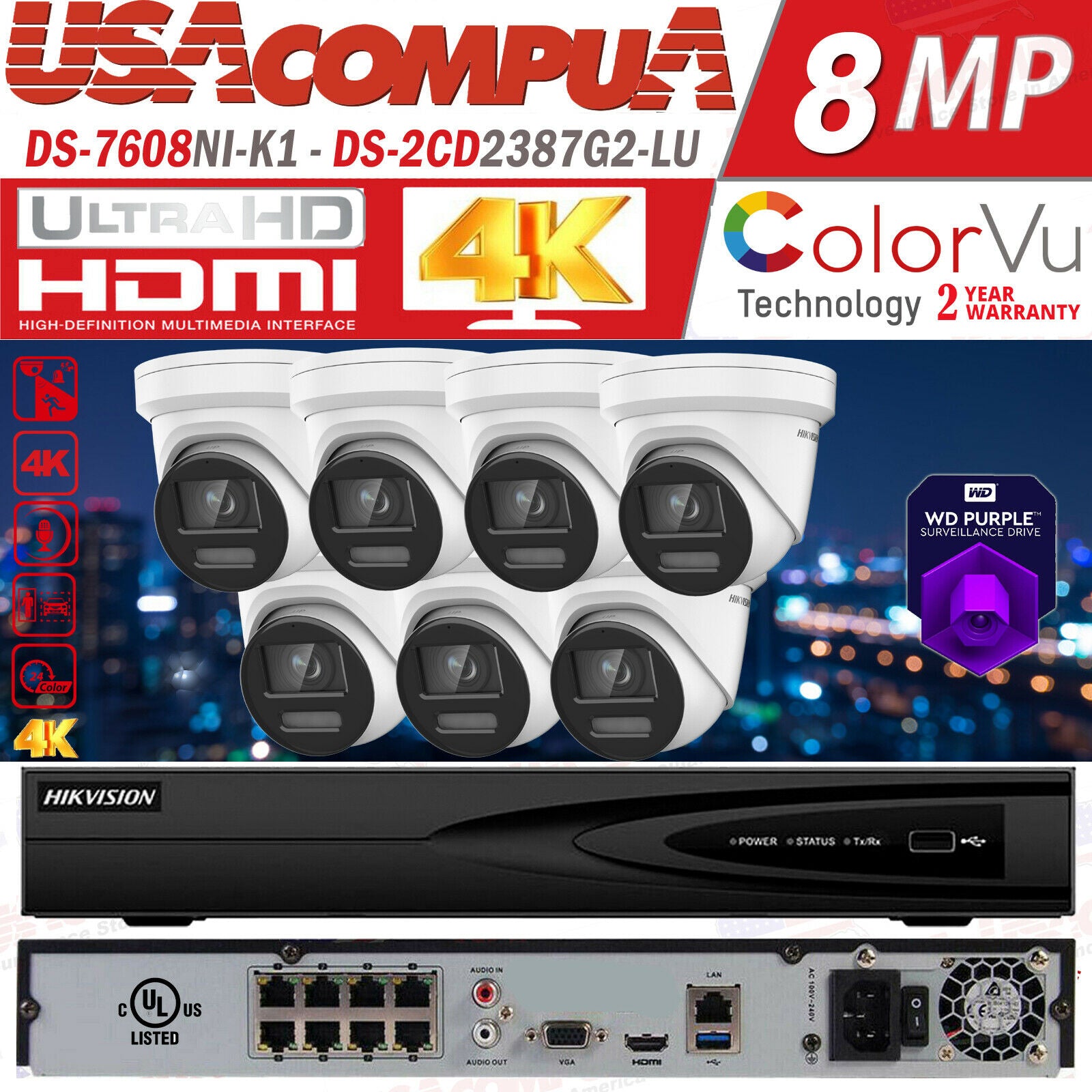 Hikvision 4K 8CH Security Camera System POE CCTV 8 MEGAPIXEL ColorVu W/Audio G2