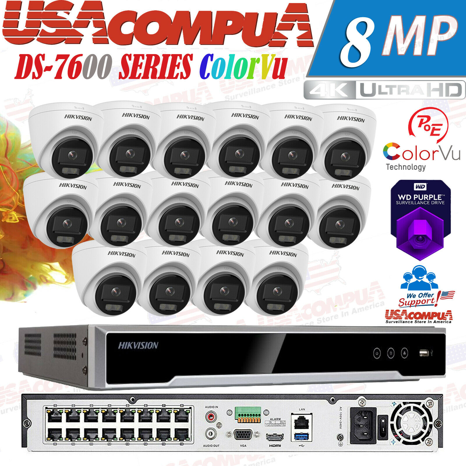 Hikvision 4K 16CH CCTV Security Camera System KIT 2MP Turret HD ColorVu