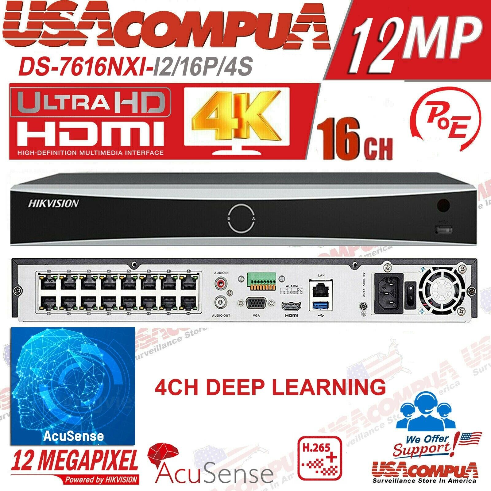 Hikvision 4K AcuSense 16CH 16POE NVR DS-7616NXI-I2/16P/4S 4CH Deep Learning