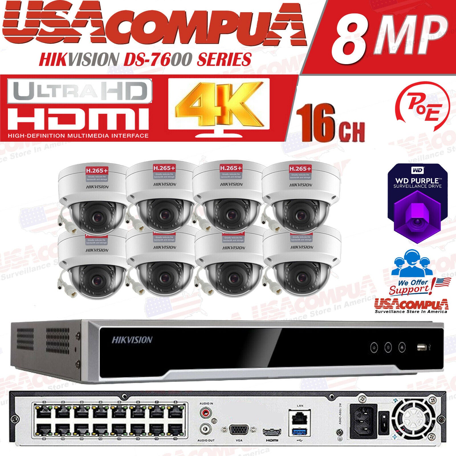 Hikvision 2MP 16CH 4K NVR System DS-2CD1123G0-I & DS-7616NI-Q2 KIT/LOT