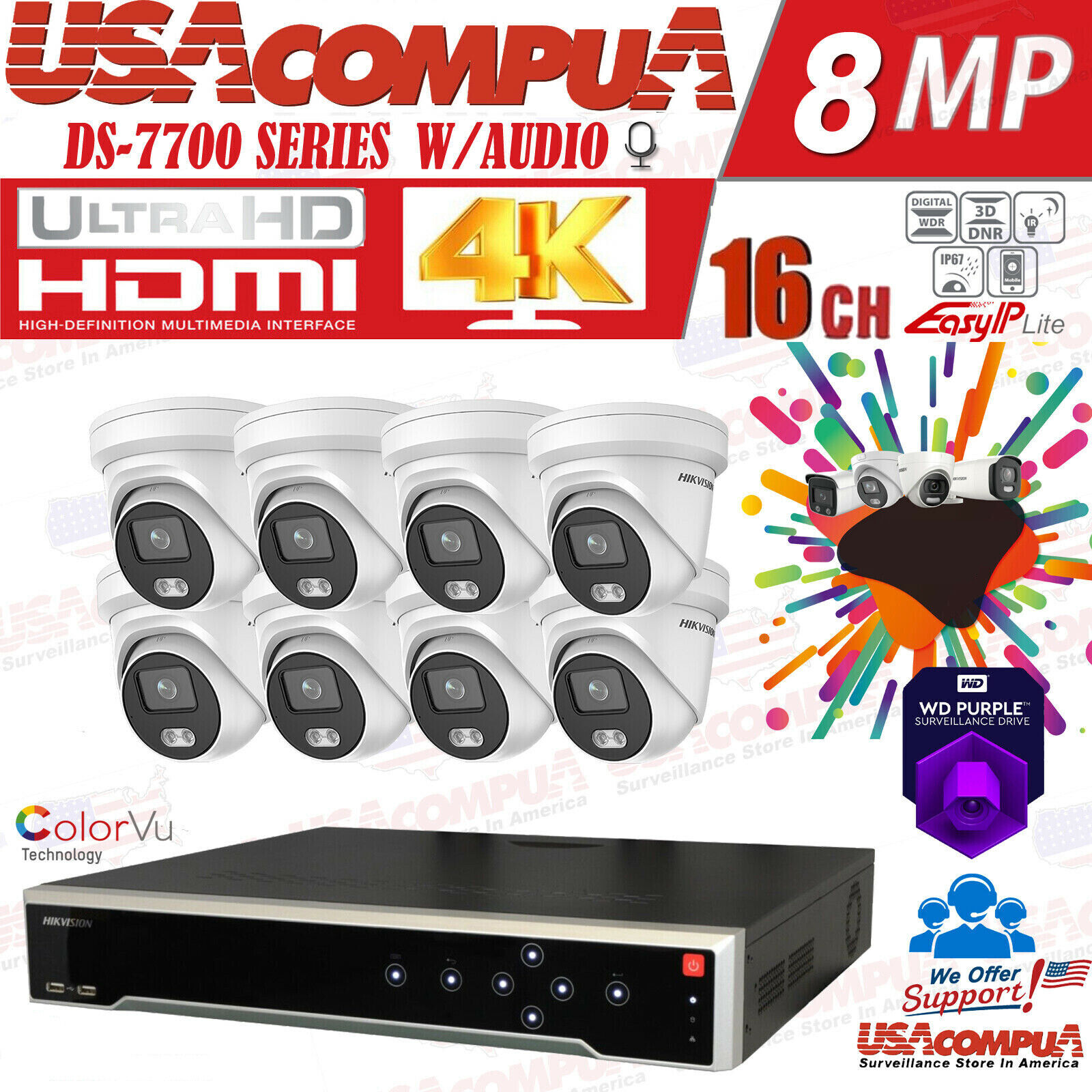 Hikvision 8CH 4K NVR 8 x 4MP TURRET ColorVu IP POE Camera CCTV Security System