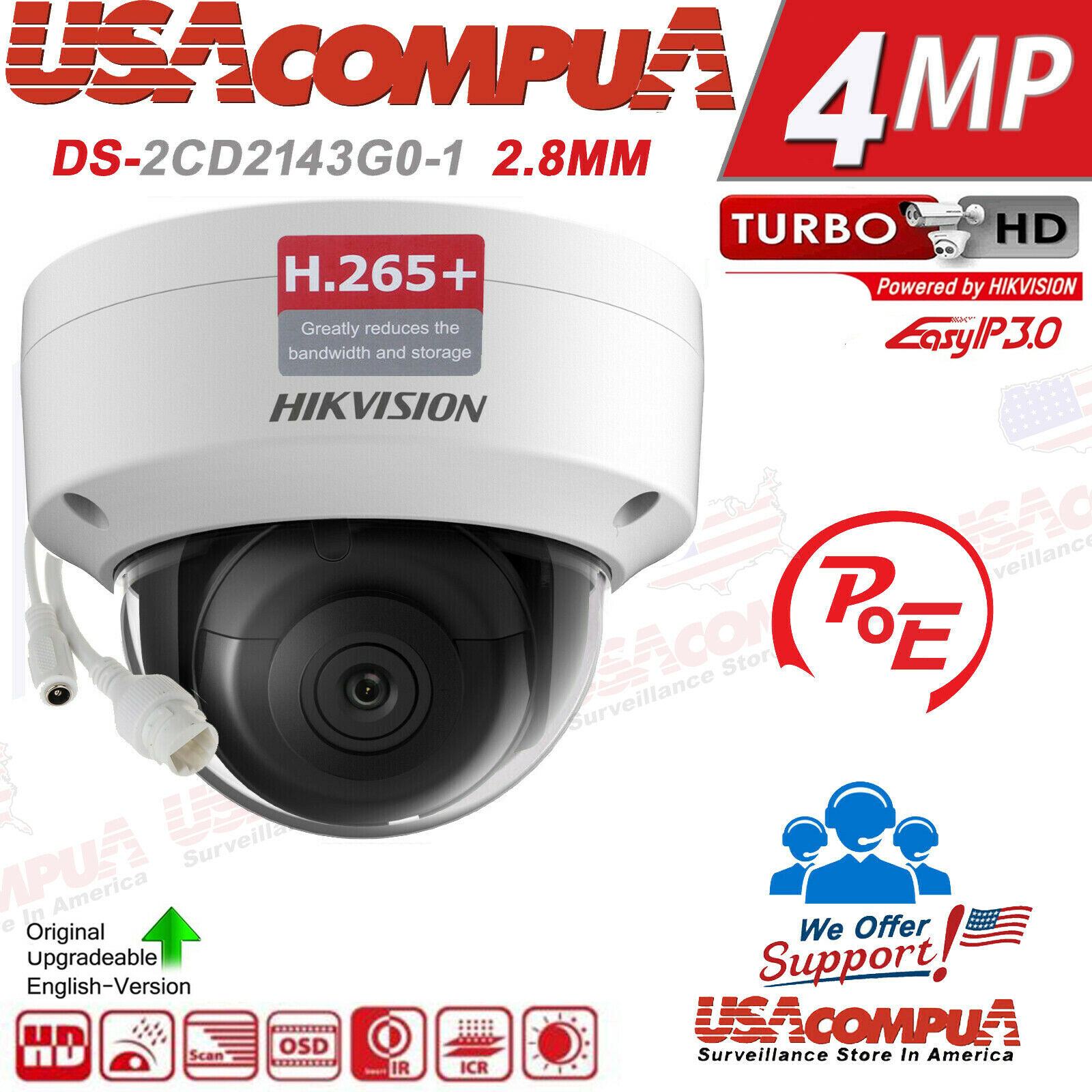 Hikvision 4MP POE IP DS-2CD2143G0-I Dome CAMERA H.265+ IR40M 2.8MM 3AXIS
