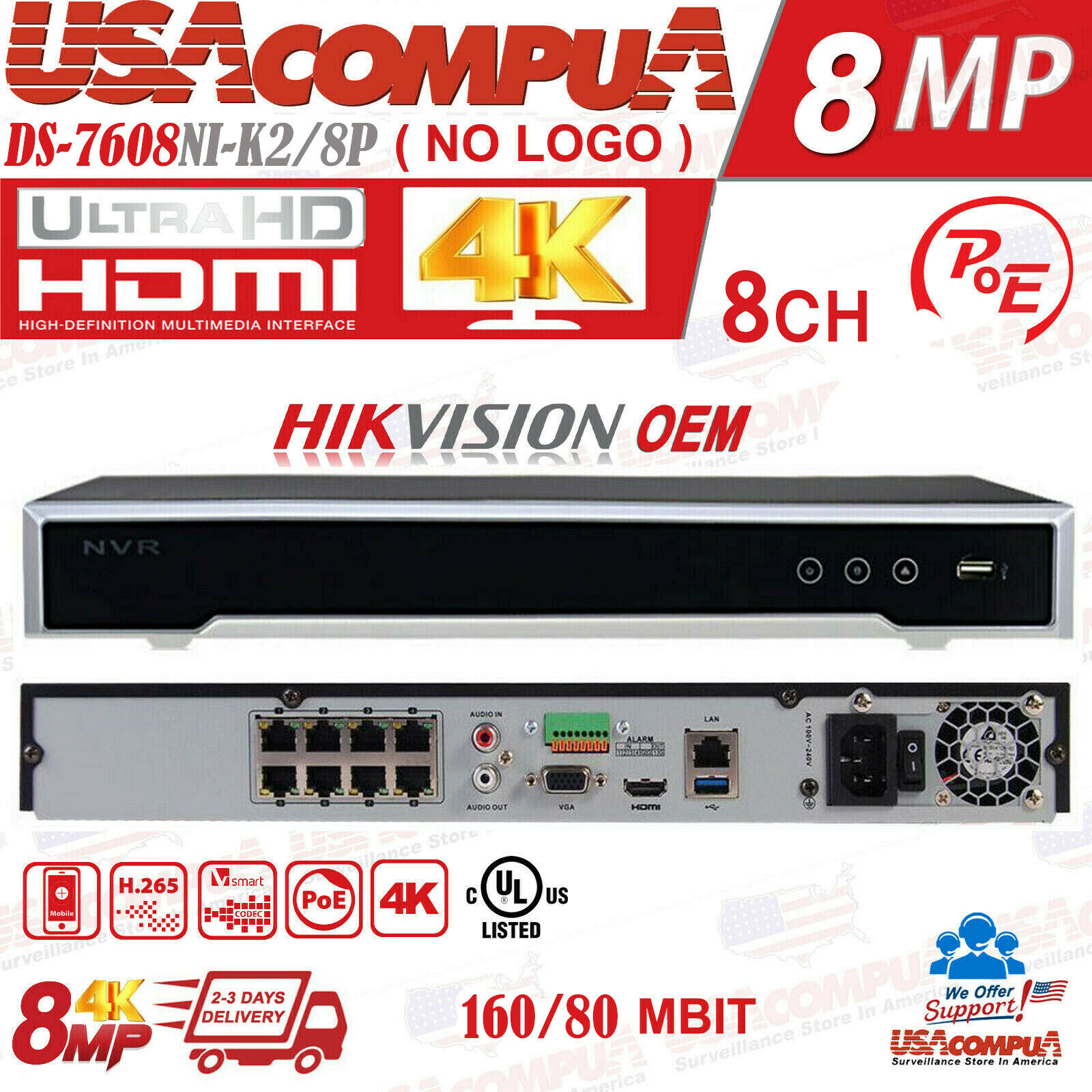 DS-7608NI-K2/8P OEM HIKVISION NVR 8CH 8 POE 4K Channel security H.265 (UL)